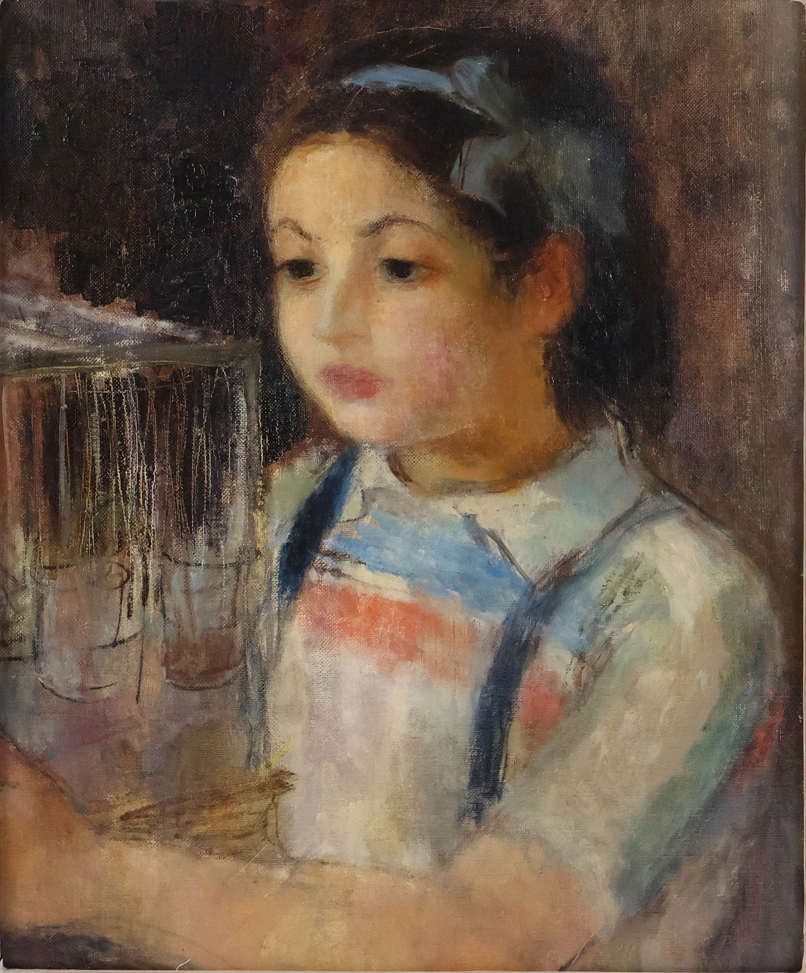 Olga Dormandi, Hungarian 1900-1971, Petite Fille a la Cage, Oil on Canvas: Olga Dormandi Hungarian, 1900-1971 Petite Fille a la Cage Oil on Canvas Appears to be unsigned, bears label verso. Sight: 20 3/4 x 16 3/4 in. (52.7 x 42.5 cm.), Frame: 25 1/2 x 21 1/2 in. (64.8 x