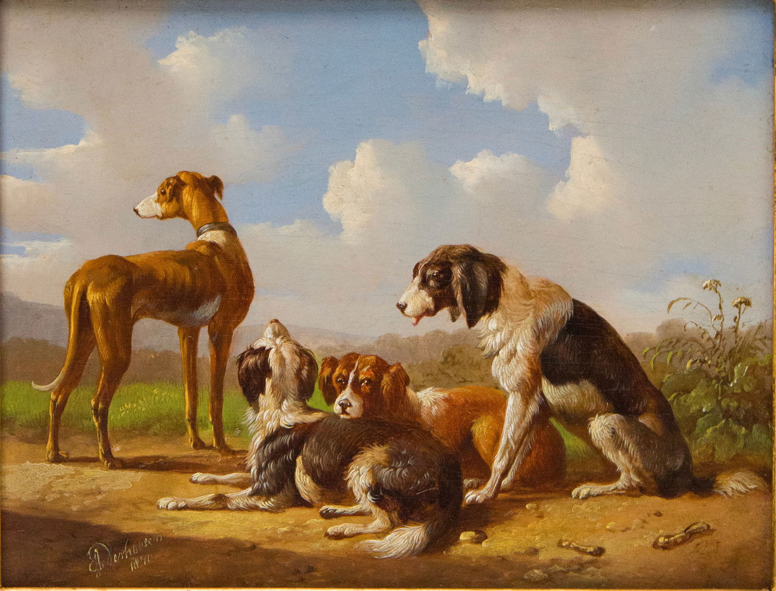 Albert Verhoesen, Dutch 1801-1881, Pack of Dogs Basking in Sun, Oil on Board: Albert Verhoesen Dutch, 1801-1881 Pack of Dogs Basking in Sun Oil on Board Labeled verso Sight: 4 1/2 x 6 in. (11.4 x 15.2 cm.), overall 14 x 17 in. (35.6 x 43.2 cm.)
