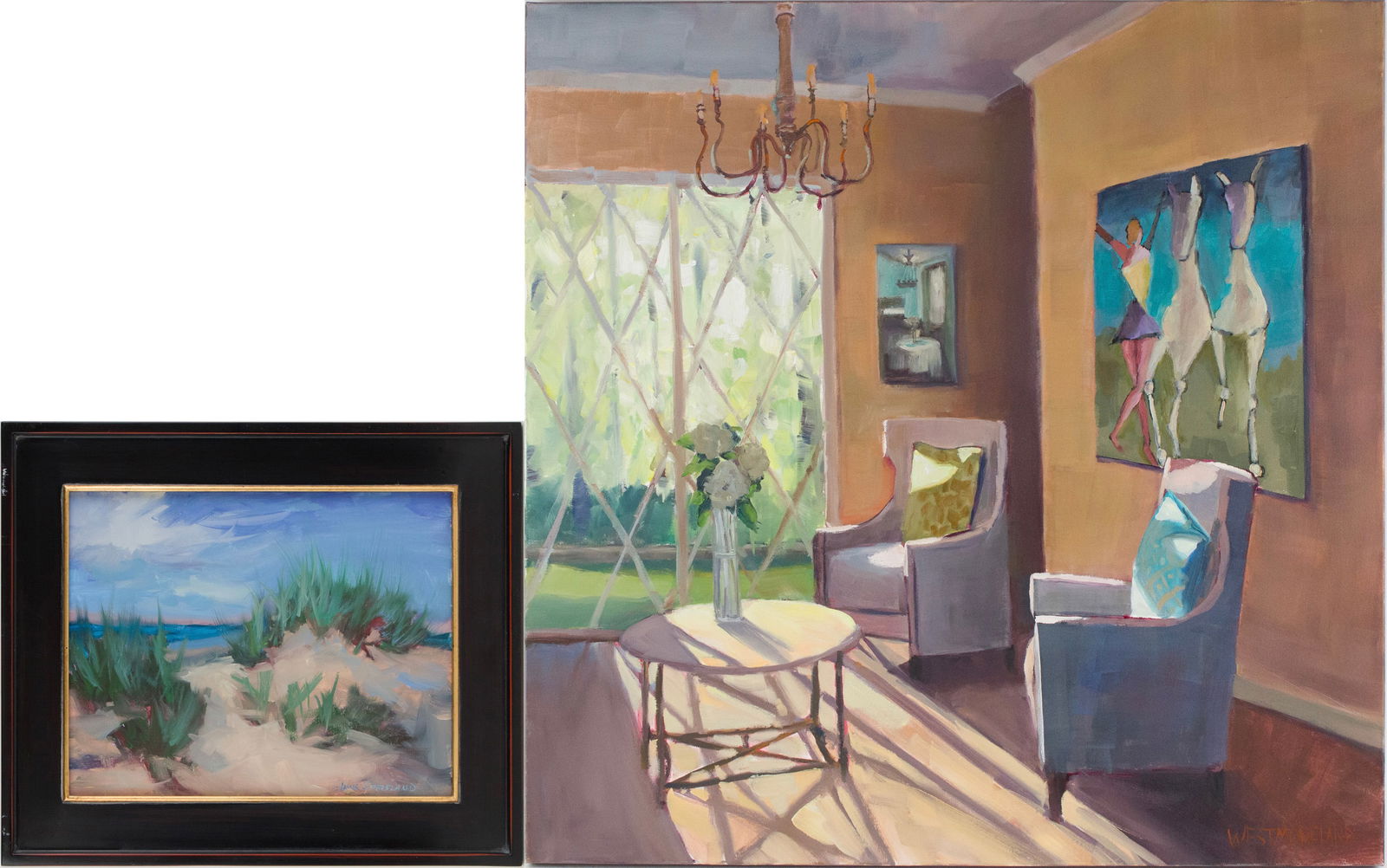 Annette Sutherland, American 20th C, Grassy Dunes, Oil on Board: Annette Sutherland American, 20th C Grassy Dunes Oil on Board Signed L.R. "Anne Sutherland". Together with an oil on canvas by Susan Westmoreland depicting sun drenched interior, signed L.R.