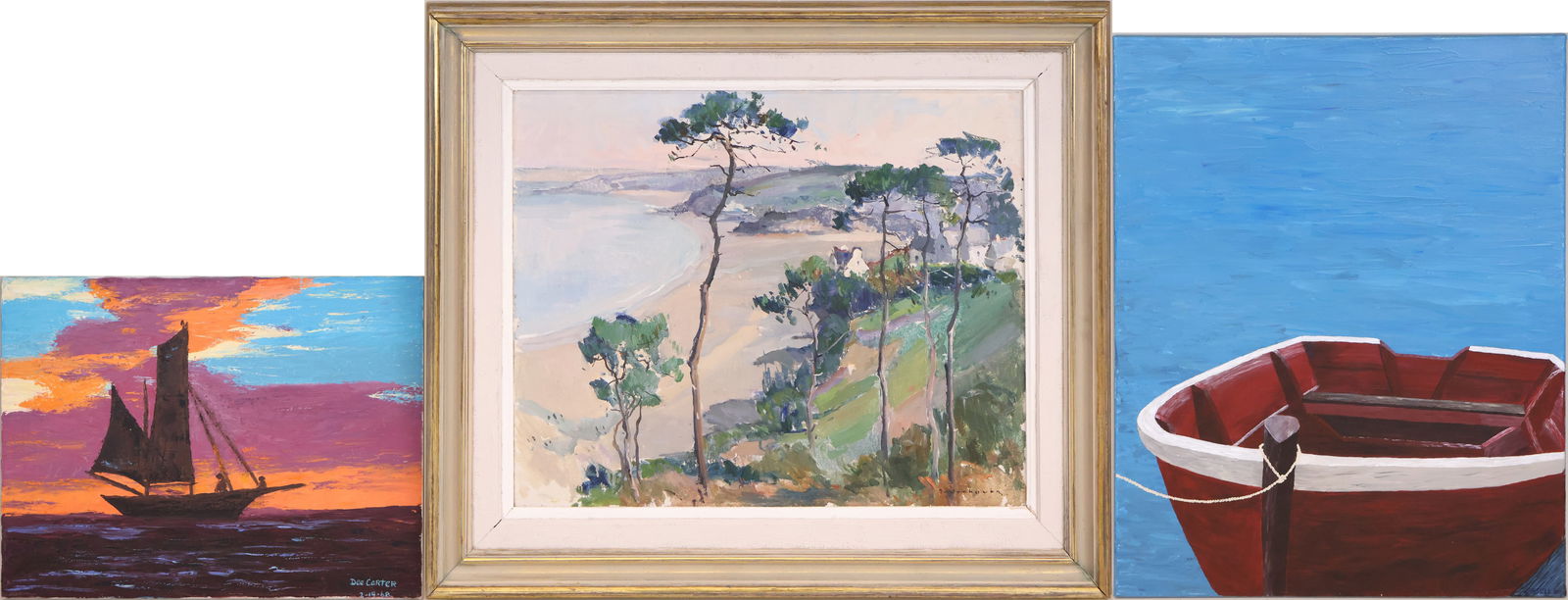 Landscape with Beach and Houses, Oil on Canvas: Landscape with Beach and Houses Oil on Canvas Signed ineligibly L.R. Together with an oil on canvas by Dee Carter, 1968, depicting a sailboat at sunset and an oil on canvas of a rowboat signed L.R.