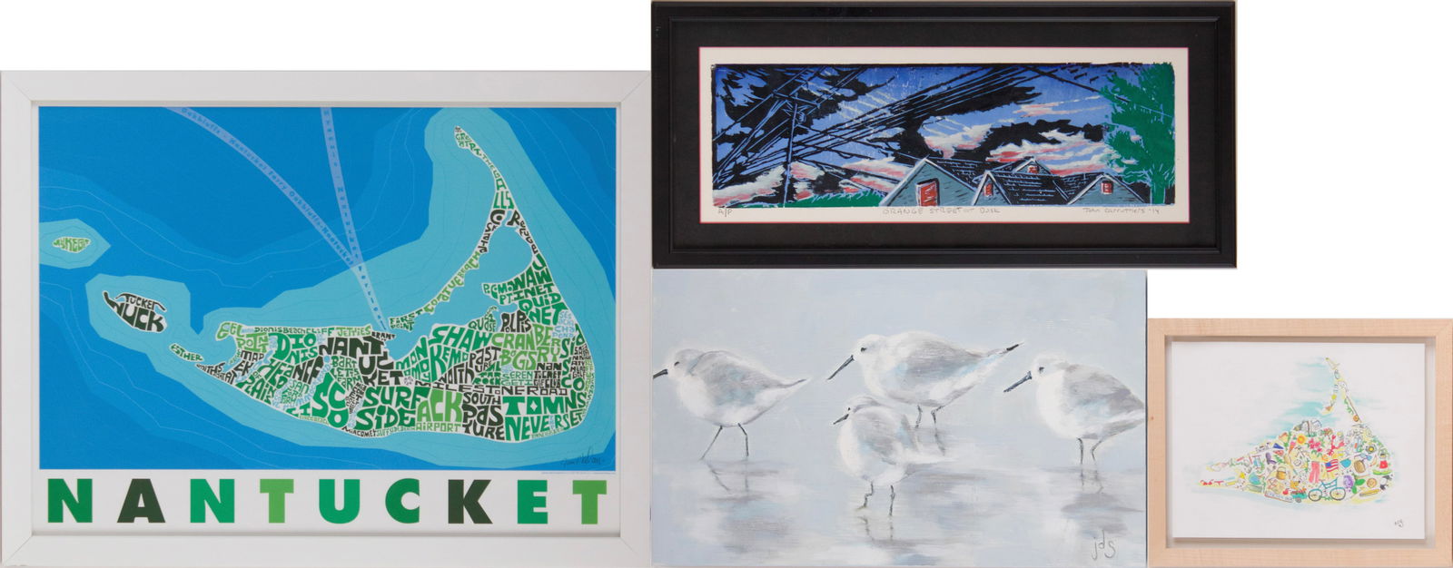 John Carruthers, Orange Street at Dusk, Woodblock Print: John CarruthersOrange Street at DuskWoodblock Print20th C. Titled in margin. Together with two Nantucket-theme maps of the island, one signed by James McDonald, the other initialed "BCG", and an oil o