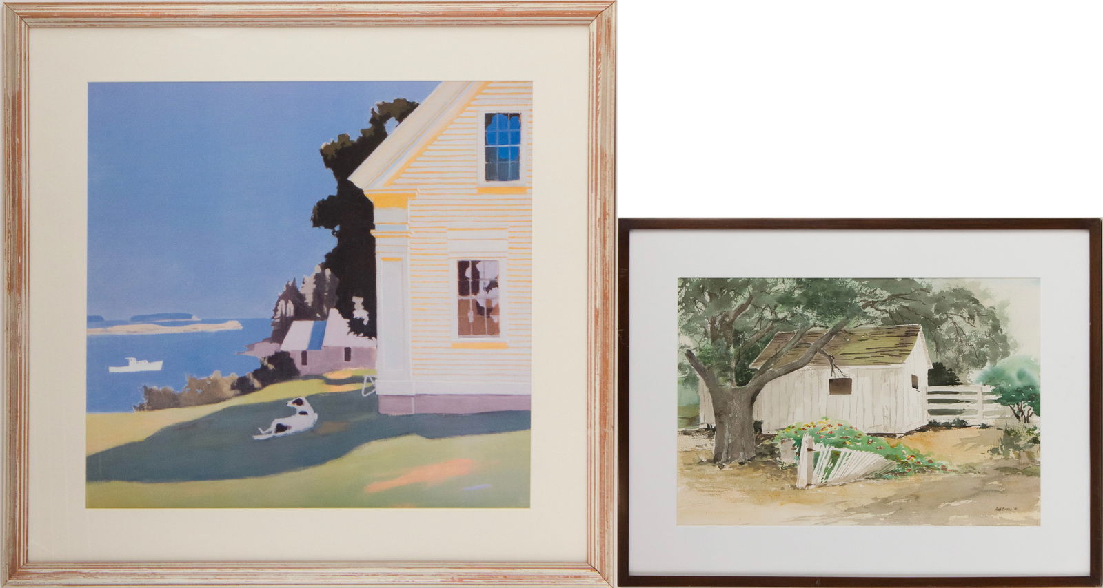 Sun-Drenched Waterfront House, Print: Sun-Drenched Waterfront HousePrint20th C, unsigned. Together with a watercolor of an agricultural "Our Building" signed and dated L.R. "Bob Evans/01"From Sight:13 1/2 x 19 in. (34.3 x 48.3 cm.) to 22