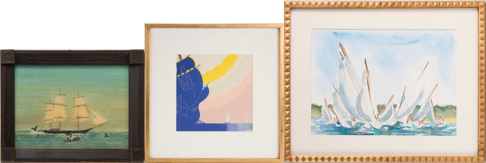 Mary McGuire, Whaling Scene, Watercolor: Mary McGuireWhaling SceneWatercolorSigned l.R. "Mary McGuire", Together with a print signed l.r. "Ed Malouze (?)" and watercolor of a race signed below the mat L.R.From 10 1/4 x 13 in. (26 x 33 cm.),