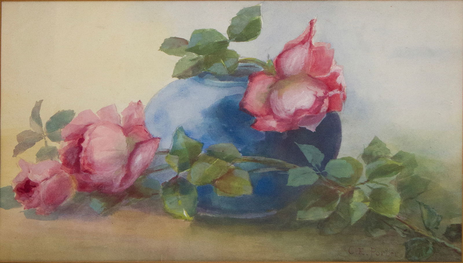 Charles Ethan Porter, 1847-1923, Roses on Blue Vase, Watercolor: Charles Ethan Porter1847-1923Roses on Blue VaseWatercolorSigned l.r. "C.E. Porter"Sight: 7 7/8 x 13 7/8 in. (20 x 35.2 cm.), Frame: 15 1/4 x 19 1/4 in. (38.7 x 48.9 cm.)