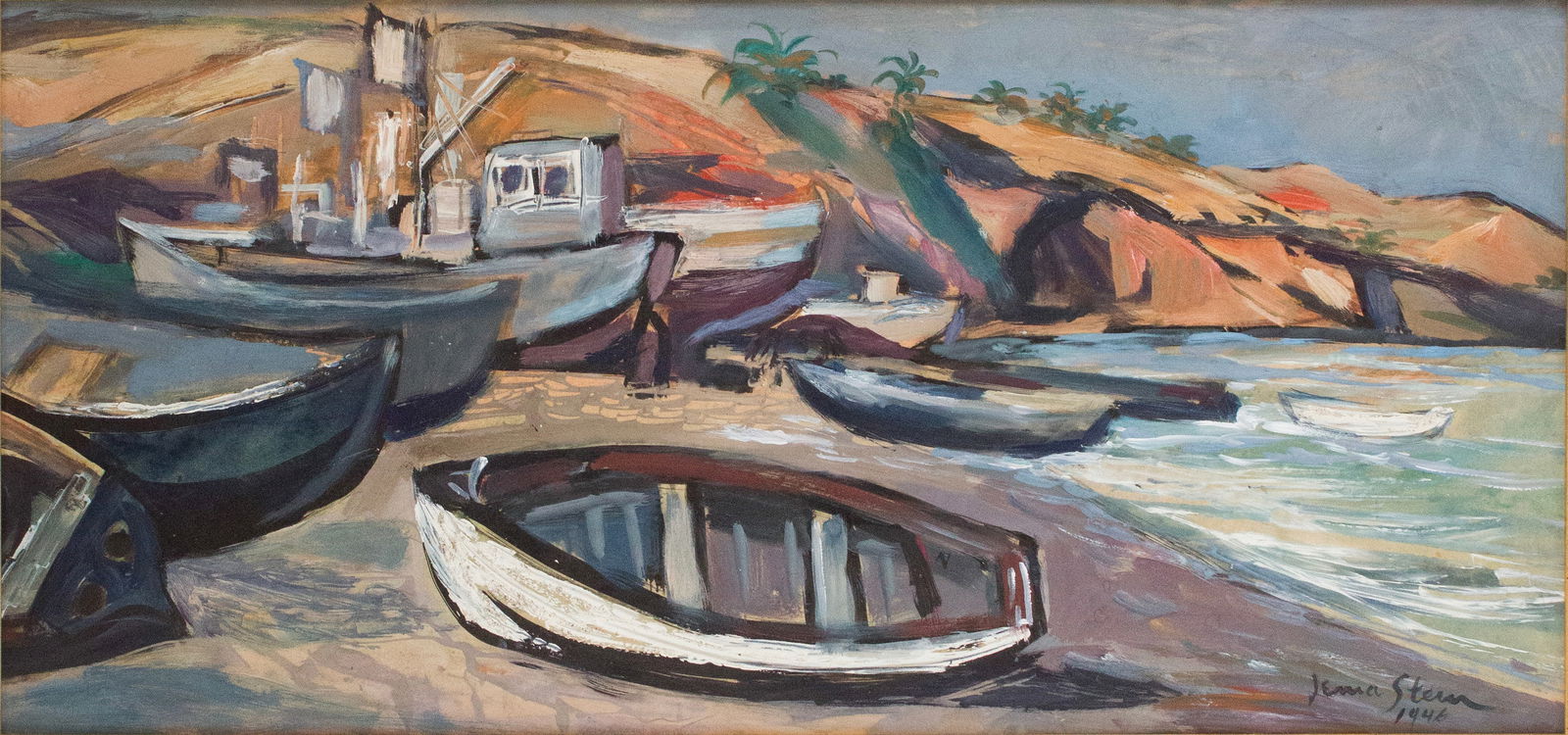 Irma Stern, South African 1894-1966, Boats on Beach, Gouache on Paper: Irma SternSouth African, 1894-1966Boats on BeachGouache on PaperSigned l.r. "Irma Stern 1946"Sight: 13 x 27 3/4 in. (33 x 70.5 cm.), Frame: 21 1/4 x 36 in. (54 x 91.4 cm.)