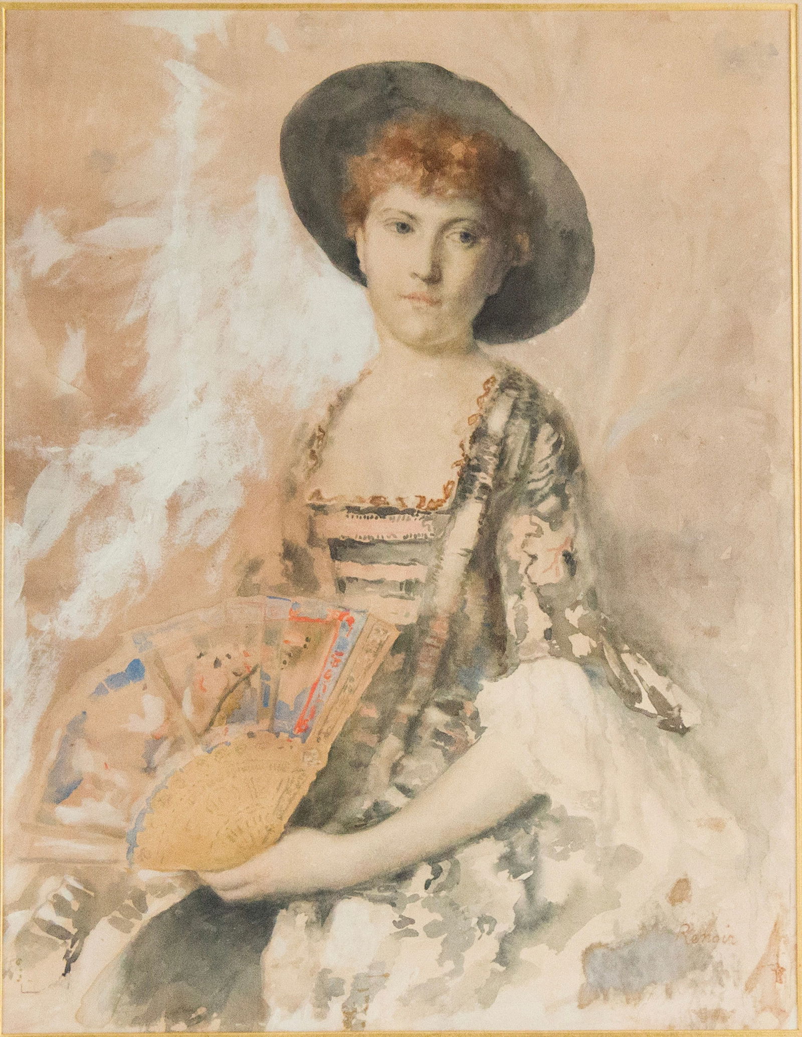 Woman in Blue with Fan, Watercolor: Woman in Blue with FanWatercolorBears signature l.r. "Renoir" bears plaque on frame.Tears to paper.Sight: 20 1/4 x 16 in. (51.4 x 40.6 cm.), Frame: 31 x 27 1/4 in. (78.7 x 69.2 cm.)