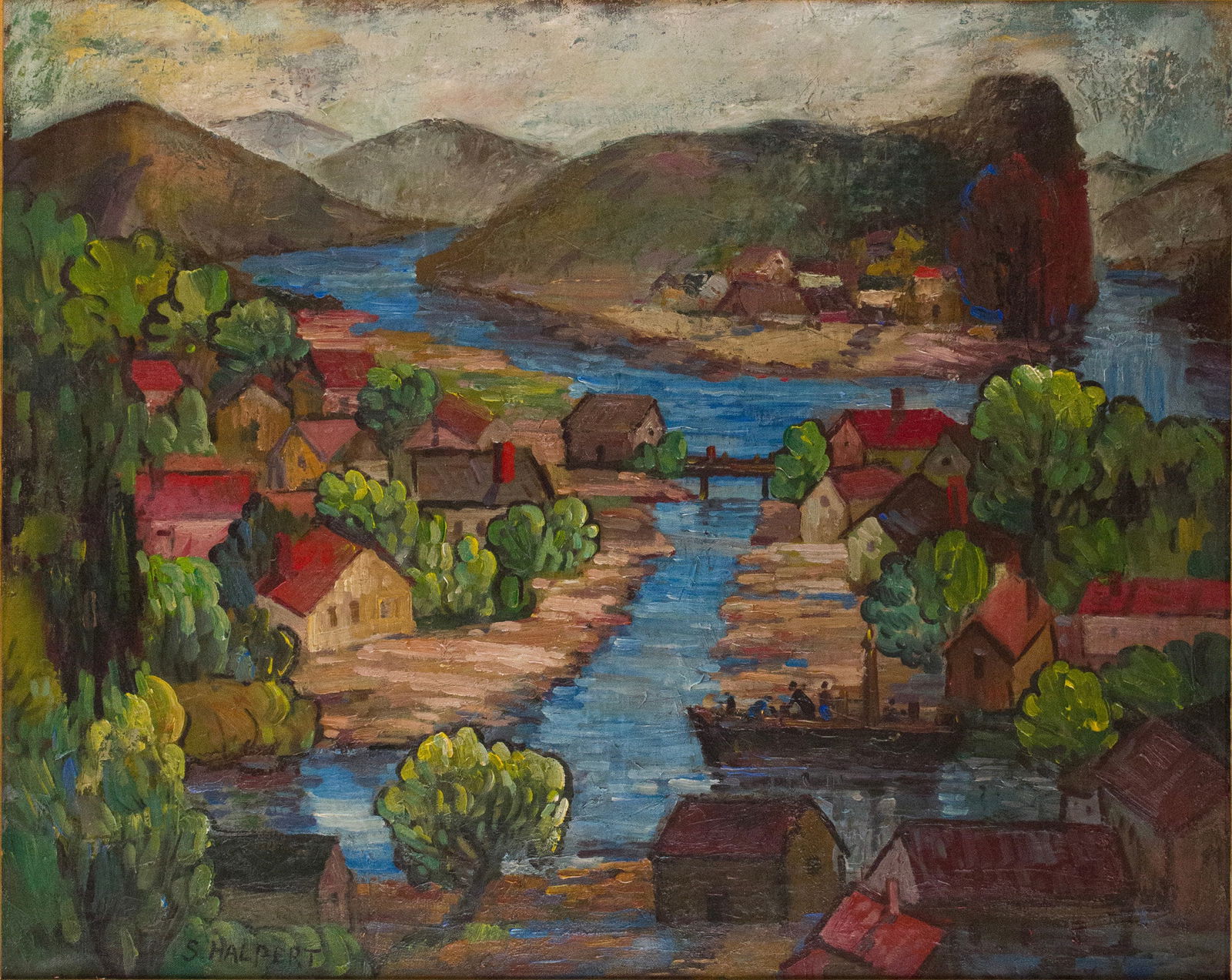 Samuel Halpert, 1884-1930, Village on Canals, Oil on Canvas: Samuel Halpert1884-1930Village on CanalsOil on CanvasSigned l.l. "S. Halpert"Sight: 23 1/2 x 29 1/2 in. (59.7 x 74.9 cm.), Frame: 31 x 37 in. (78.7 x 94 cm.)
