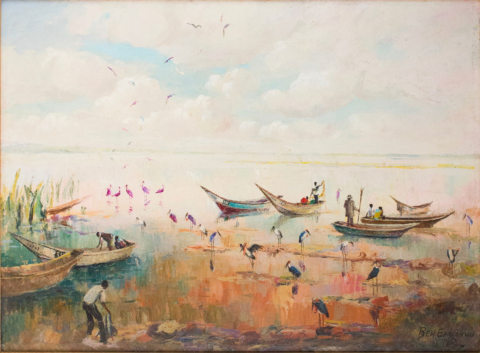 Ben Enwonwu, Nigerian 1917-1994, Fisherman and Birds on Shore, Oil on Board: Ben EnwonwuNigerian, 1917-1994Fisherman and Birds on ShoreOil on BoardSigned l.l. "Ben Enwonwu" and dated 1963.Sight: 24 x 32 3/4 in. (61 x 83.2 cm.), Frame: 28 1/4 x 37 1/2 in. (71.8 x 95.3 cm.)