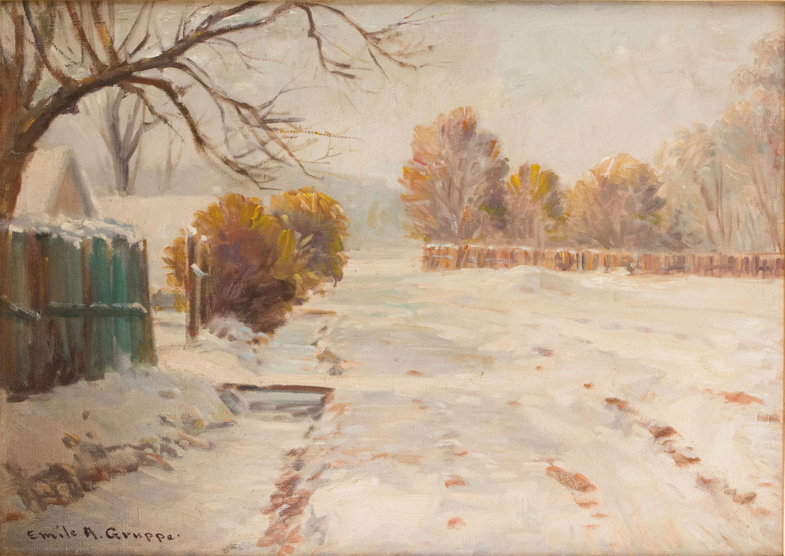 Emile Albert Gruppe, 1896-1978, Winter Scene, Oil on Canvas: Emile Albert Gruppe1896-1978Winter SceneOil on CanvasSigned l.l.Sight: 24 3/4 x 35 1/2 in. (62.9 x 90.2 cm.), Frame: 35 1/2 x 45 3/4 in. (90.2 x 116.2 cm.)