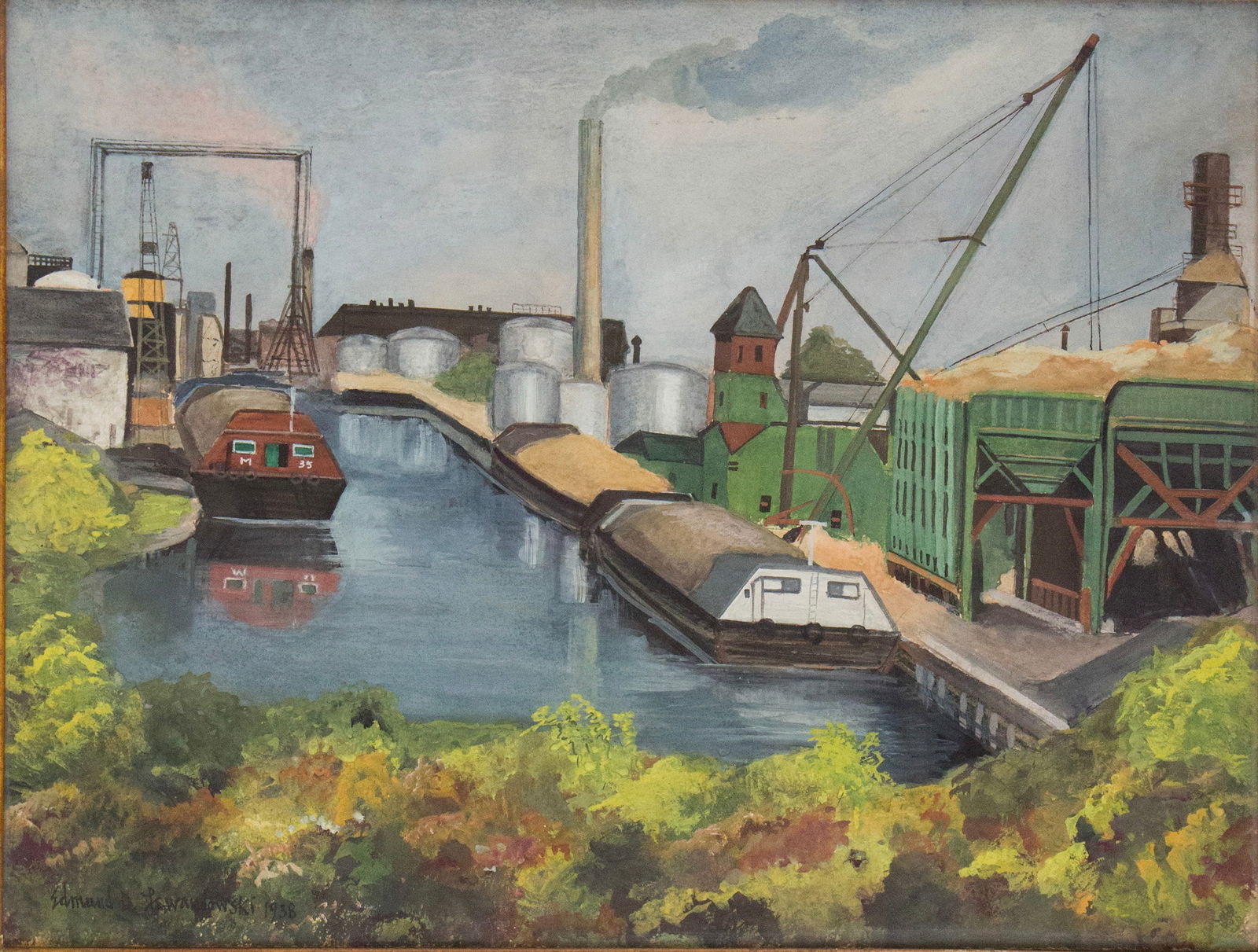 Edmund D Lewandowski, Florida 1914-1998, Industrial Canal, Gouache and Watercolor: Edmund D LewandowskiFlorida, 1914-1998Industrial CanalGouache and WatercolorSigned l.l.Sight: 14 3/4 x 19 3/4 in. (37.5 x 50.2 cm.), Frame: 16 x 21 in. (40.6 x 53.3 cm.)