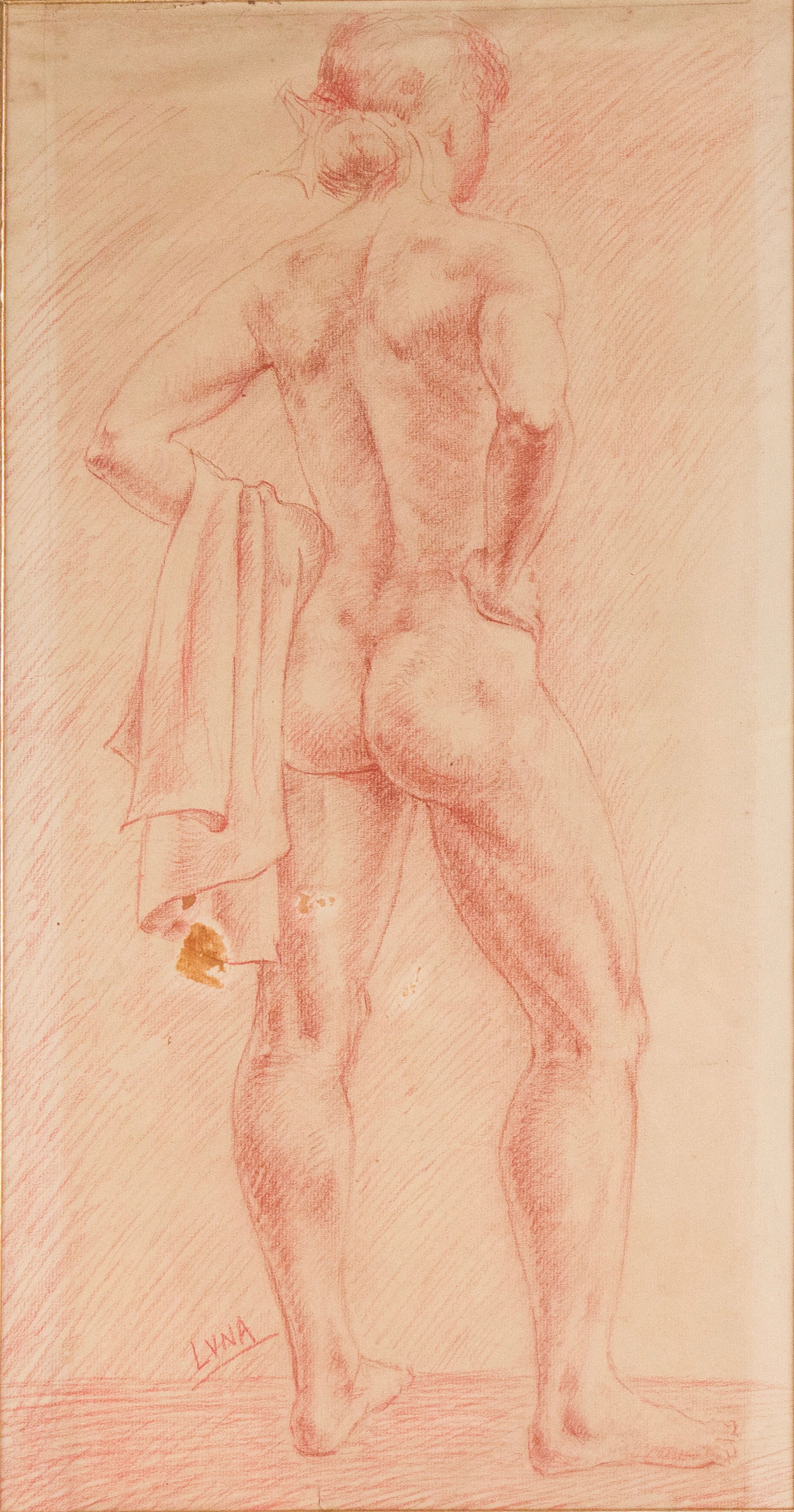 Juan Luna "y" Novicio, 1857-1899, Standing Nude Woman, Colored Pencil on Paper: Juan Luna "y" Novicio1857-1899Standing Nude WomanColored Pencil on PaperSigned l.l. Creases to paper, stains.Sight: 24 x 12 in. (61 x 30.5 cm.), Frame: 32 x 20.23 in. (81.3 x 51.4 cm.)