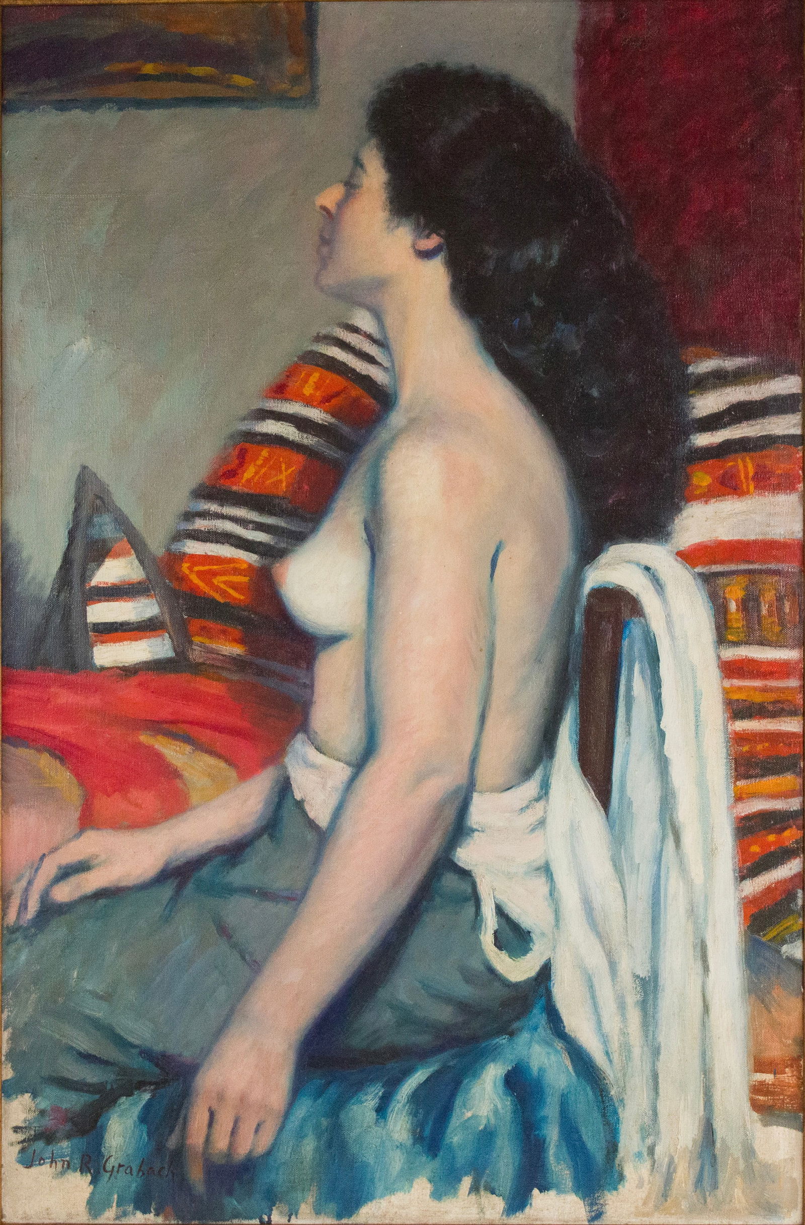 John R Grabach, American 1886-1981, Seated Topless Woman, Oil on Canvas: John R GrabachAmerican, 1886-1981Seated Topless WomanOil on CanvasSigned l.r.Sight: 37 3/4 x 24 3/4 in. (95.9 x 62.9 cm.), Frame: 40 1/4 x 27 1/4 in. (102.2 x 69.2 cm.)