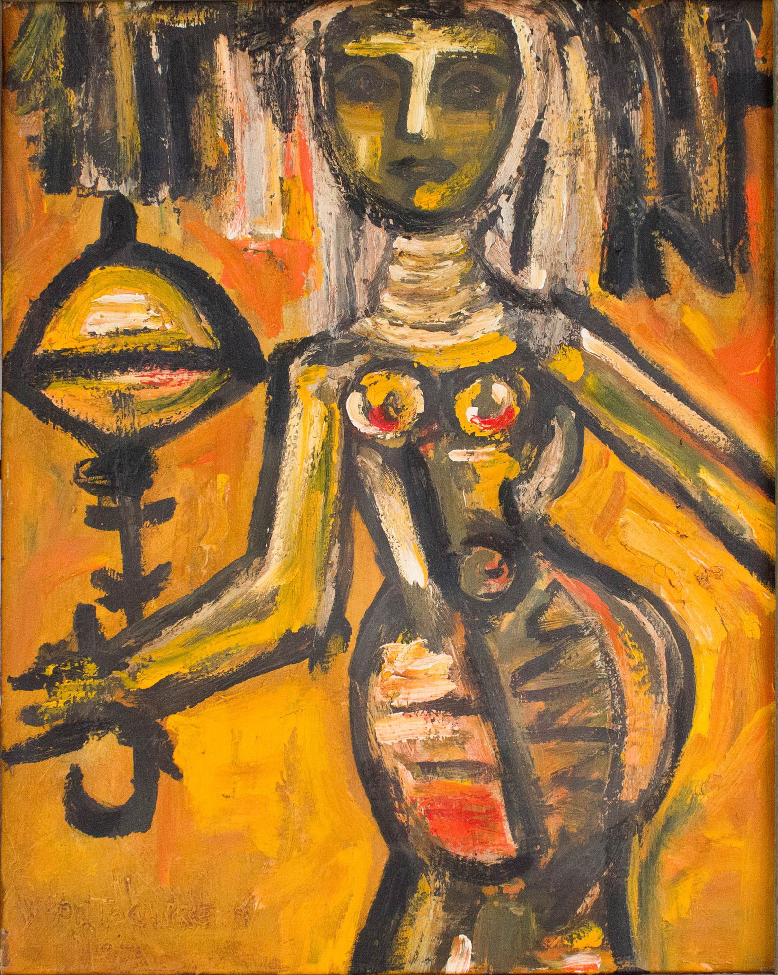 Rene Portocarrero, Cuban 1912-1985, Abstract Figure of a Woman, Oil on Canvas: Rene PortocarreroCuban, 1912-1985Abstract Figure of a WomanOil on CanvasSigned and dated l.l. "Portocarrero/'62"Sight: 20 x 16 in. (50.8 x 40.6 cm.), Frame: 26 x 22 in. (66 x 55.9 cm.)