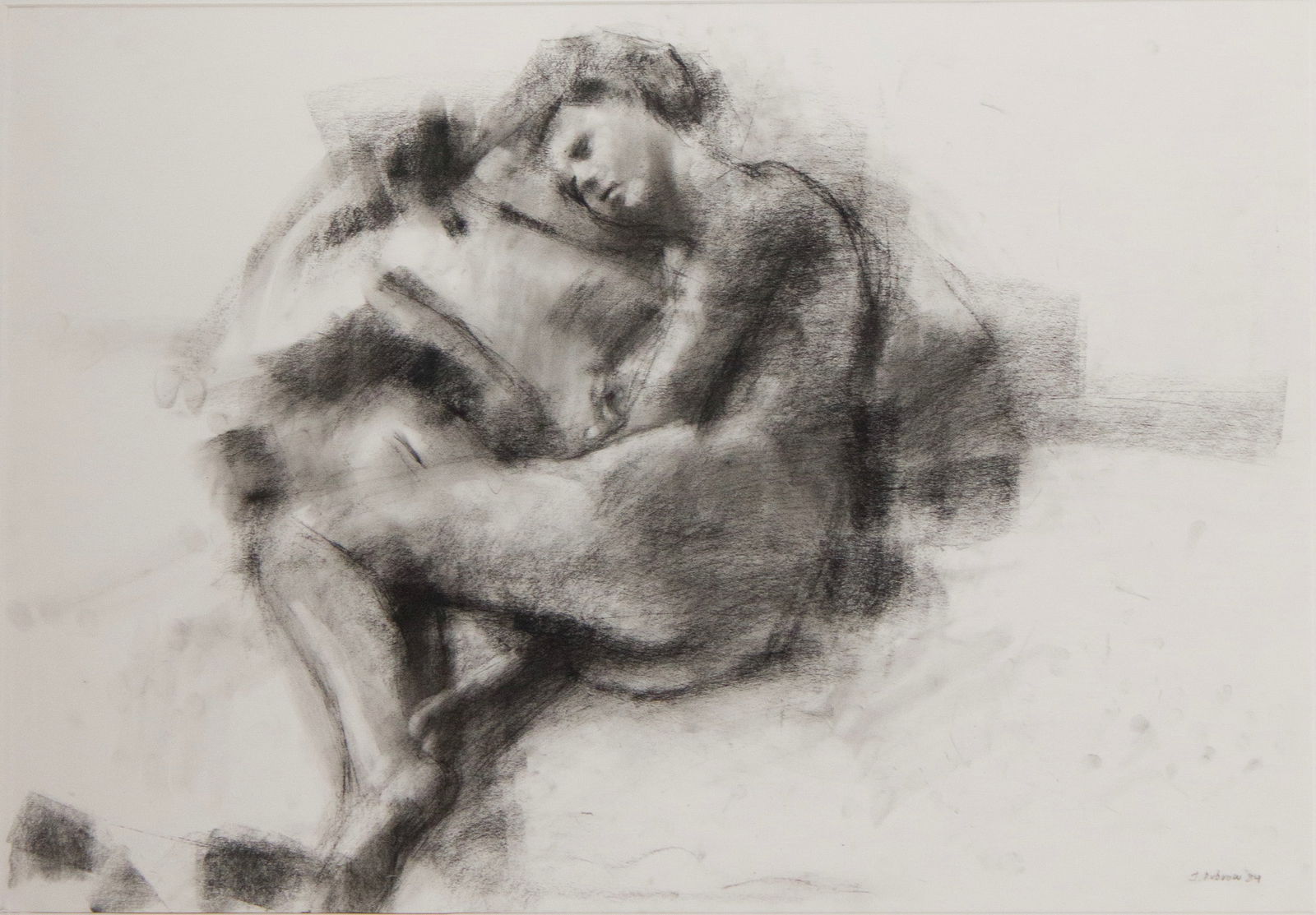 John Dubrow, American 1958-, Portrait of Nude Woman, Charcoal on Paper: John DubrowAmerican, 1958-Portrait of Nude WomanCharcoal on PaperSigned, ll, "J. Dubrow. "89 and an old paper label on verso from Forum Gallery NY, NY.Sight: 20 x 29 in. (50.8 x 73.7 cm.), Frame: 28 x