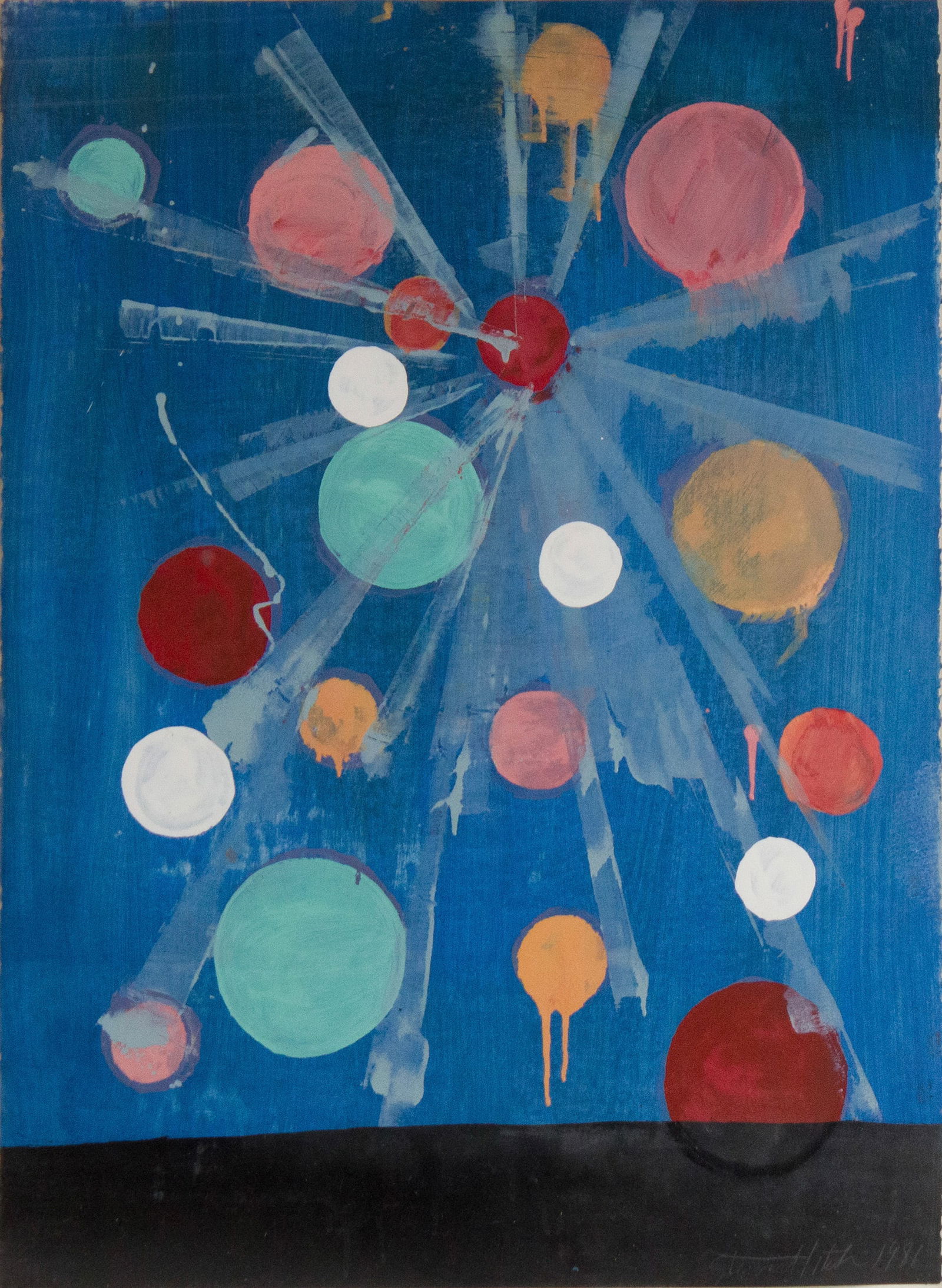 Stewart Hitch, American 1940-2002, Abstract Polychrome Dots, Mixed Media: Stewart HitchAmerican, 1940-2002Abstract Polychrome DotsMixed MediaAbstract polychrome dots on blue. Signed and dated, lr, " Stewart Hitch, 1986".Sight: 29 1/2 x 22 in. (74.9 x 55.9 cm.), Frame: 32 1/