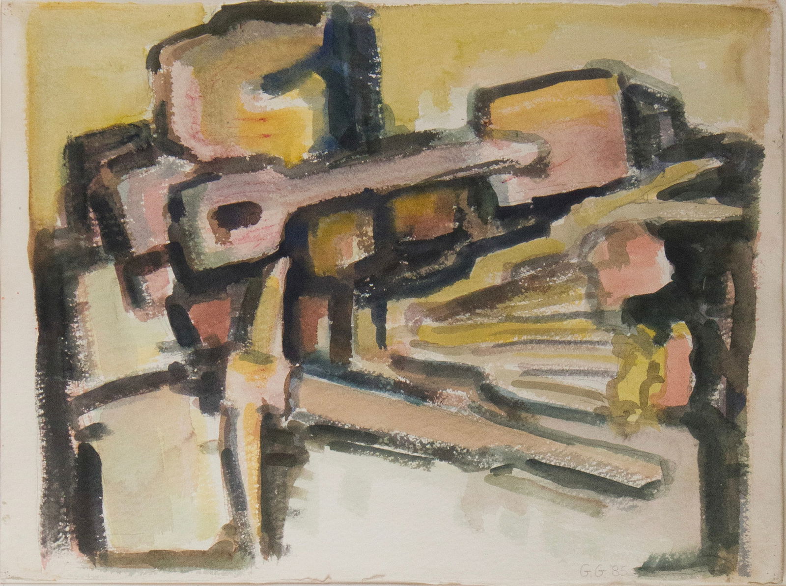 Guy Goodwin, American 1940, Abstract Yellow Cubes, Watercolor on Paper: Guy GoodwinAmerican, 1940Abstract Yellow CubesWatercolor on PaperAbstract yellow cubes and pick axe. Signed, "G.G., 85".Sight: 22 x 30 in. (55.9 x 76.2 cm.), Frame: 30 x 39 in. (76.2 x 99.1 cm.)