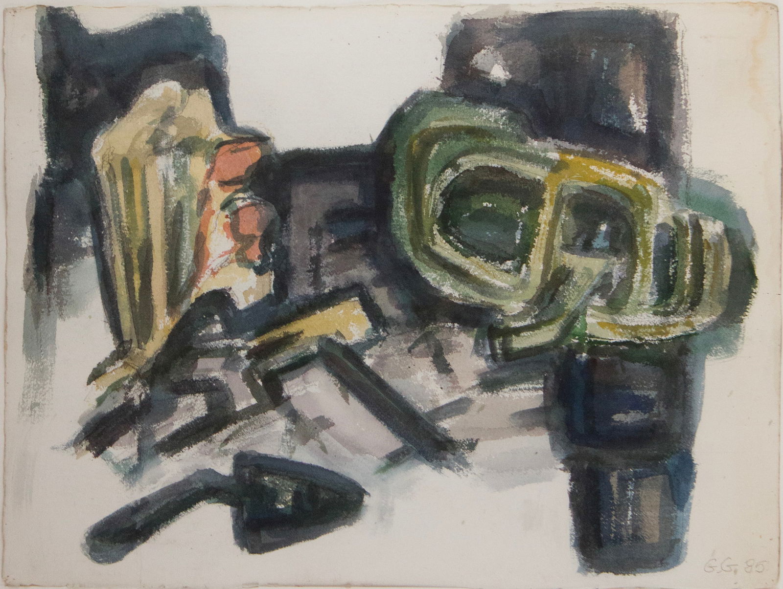 Guy Goodwin, American 1940, Abstract with Trowel, Watercolor: Guy GoodwinAmerican, 1940Abstract with TrowelWatercolorWatercolor on paper. Abstract in black green and yellow. Signed, lr, " G.G. 85".Sight: 23 x 29 in. (58.4 x 73.7 cm.), Frame: 30 x 39 in. (76.2 x
