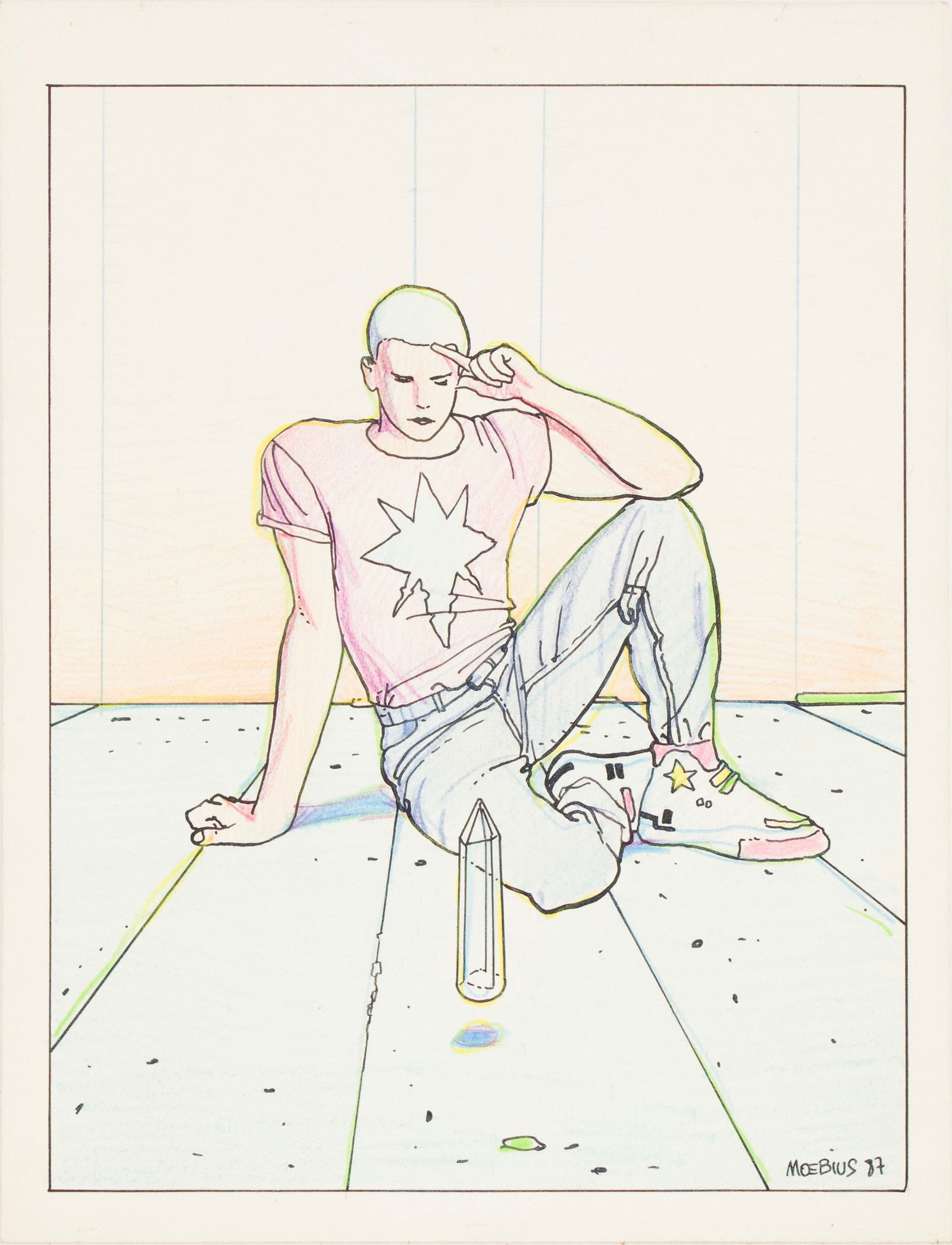 Jean Giraud Moebius, French 1938-2012, Portrait of a Man, Pen and ink and watercolor on board: Jean Giraud MoebiusFrench, 1938-2012Portrait of a ManPen and ink and watercolor on boardSigned, lr, "Moebius 87". Depicting a hip young man levitating a crystal prism. Unframed.7 1/4 x 5 1/2 in. (18.4