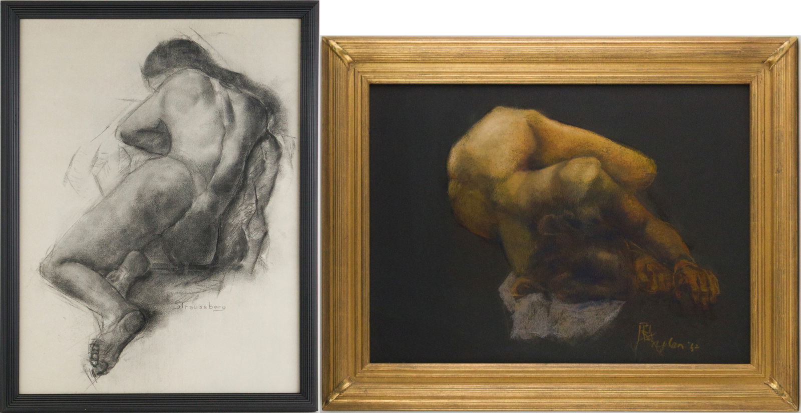 Straussberg, Reclining Female Nude, Charcoal Study: Straussberg Reclining Female Nude Charcoal Study Signed l.r., late 20th C. Together with a pastel of a nude figure, signed illegibly l.r. and dated '62. Sights: 17 1/2"h x 23"w to 23"h x 17 1/2"w,