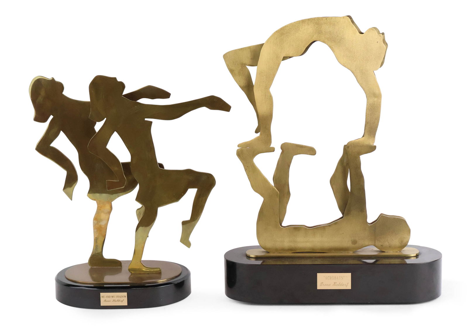 Irene Koldorf, American 1926-2013, Two Figural, Bronze Sculptures: Irene KoldorfAmerican, 1926-2013Two FiguralBronze SculpturesThe first titled "Me and My Shadow", signed on a leg, the other titled "Acrobats", signed verso, each bears plaque on base.18 x 16 1/2 x 8 i