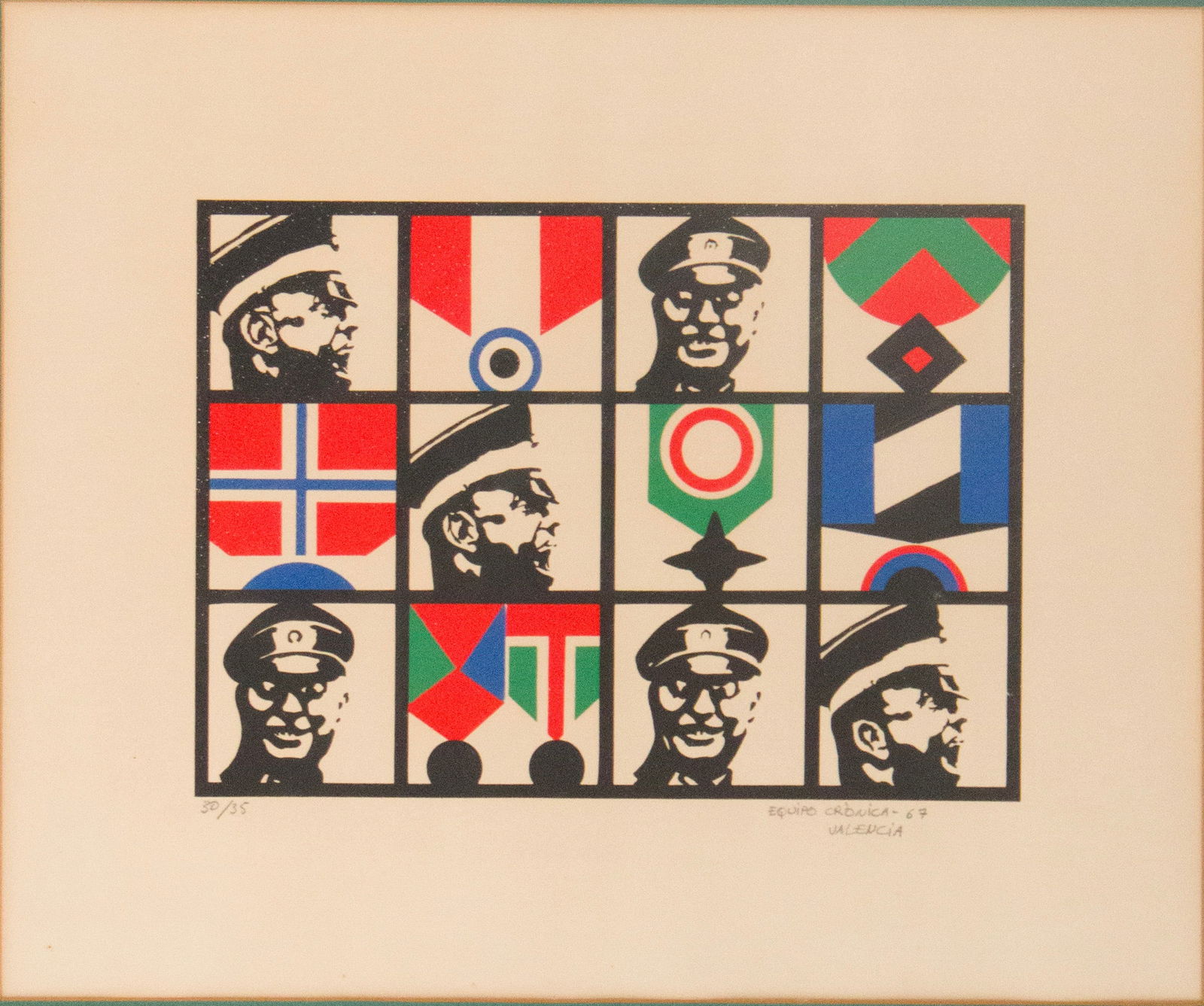 Rafael Solbes and Manolo Valdés, 1964-1981, Equipo Cronica, Condecoraciones, Serigraph: Rafael Solbes and Manolo Valdés1964-1981Equipo Cronica, CondecoracionesSerigraphSigned in pencil l.r. "Equipo Cronica -67/Valencia" and numbered l.l. 30/35.Sight: 15 1/2 x 18 3/4 in. (39.4 x 47.6 cm.