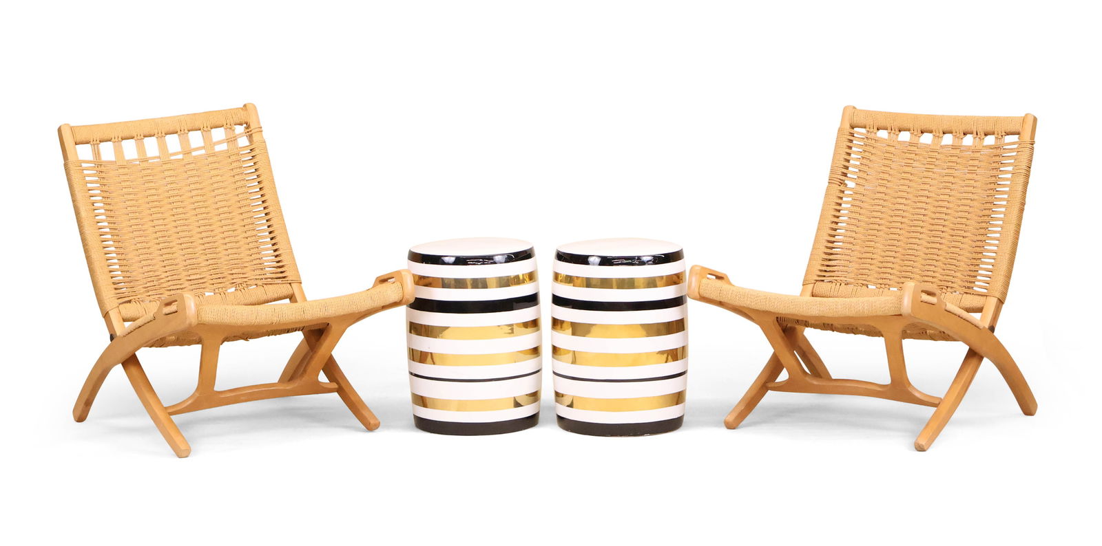 Pair of Folding Rope-Upholstered "Deck" Chairs: Pair of Folding Rope-Upholstered "Deck" Chairs 20th C. Together with a pair of modern black, gold, and white, Chinese style ceramic garden stools, 20th C. Chairs (open), seat: 16"h, crest: 30"h,