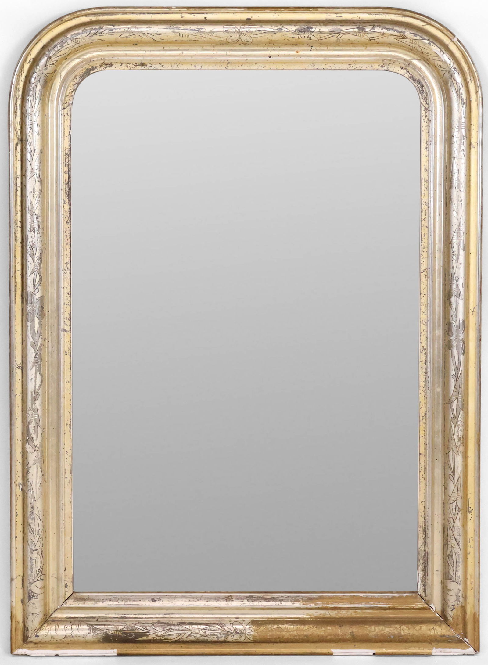 Incised Gilt Arched Top Mirror: Incised Gilt Arched Top Mirror 20th C. labeled by Jayson Home. Losses, surface distress. 39 x 28 in. (99.1 x 71.1 cm.)