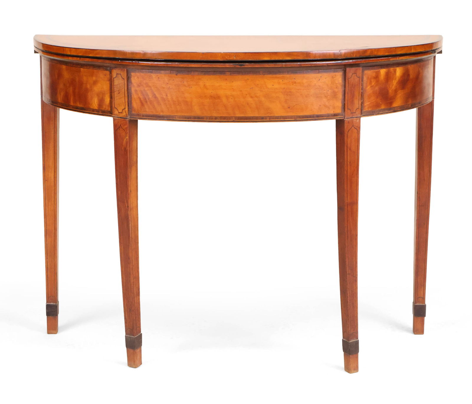 George III Satinwood Demilune Double Swing Leg Game Table: George III Satinwood Demilune Double Swing Leg Game Table English, late 18th C. 28 1/2 x 38 x 16 3/4 in. (72.4 x 96.5 x 42.5 cm.)
