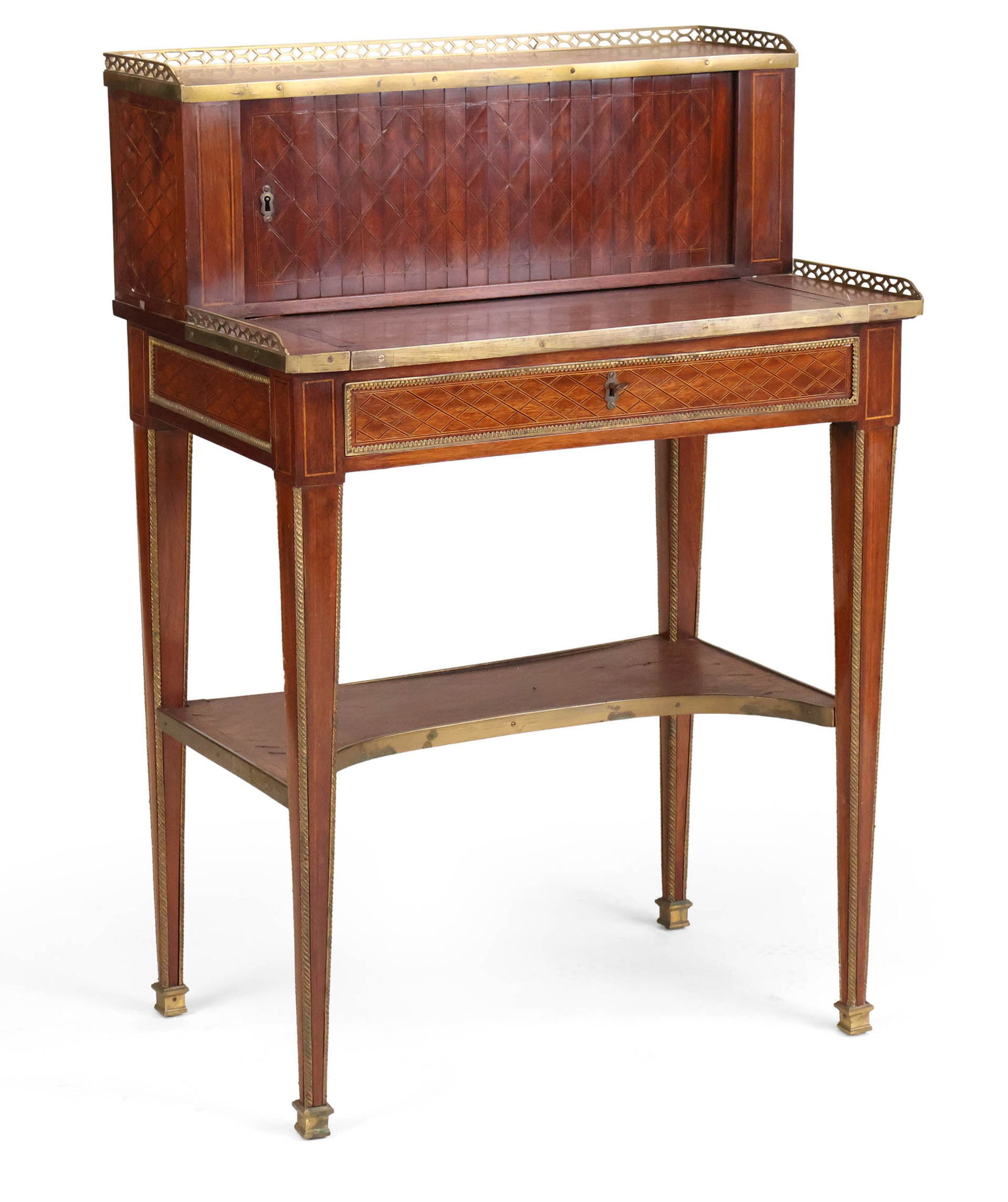 Louis XVI Tambour Bonheur du Jour: Louis XVI Tambour Bonheur du Jour French, c. 1890 Losses. 38 x 26 x 16 1/2 in. (96.5 x 66 x 41.9 cm.)