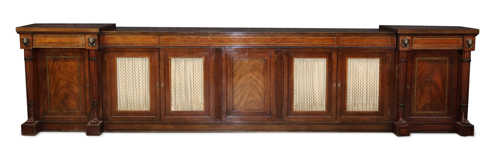 Neoclassical Style Inlaid Walnut Three Part Sideboard: Neoclassical Style Inlaid Walnut Three Part Sideboard 20th C. with two removement end cabinets. Surface distress. 37 3/4 x 157 x 24 1/2 in. (95.9 x 398.8 x 62.2 cm.)