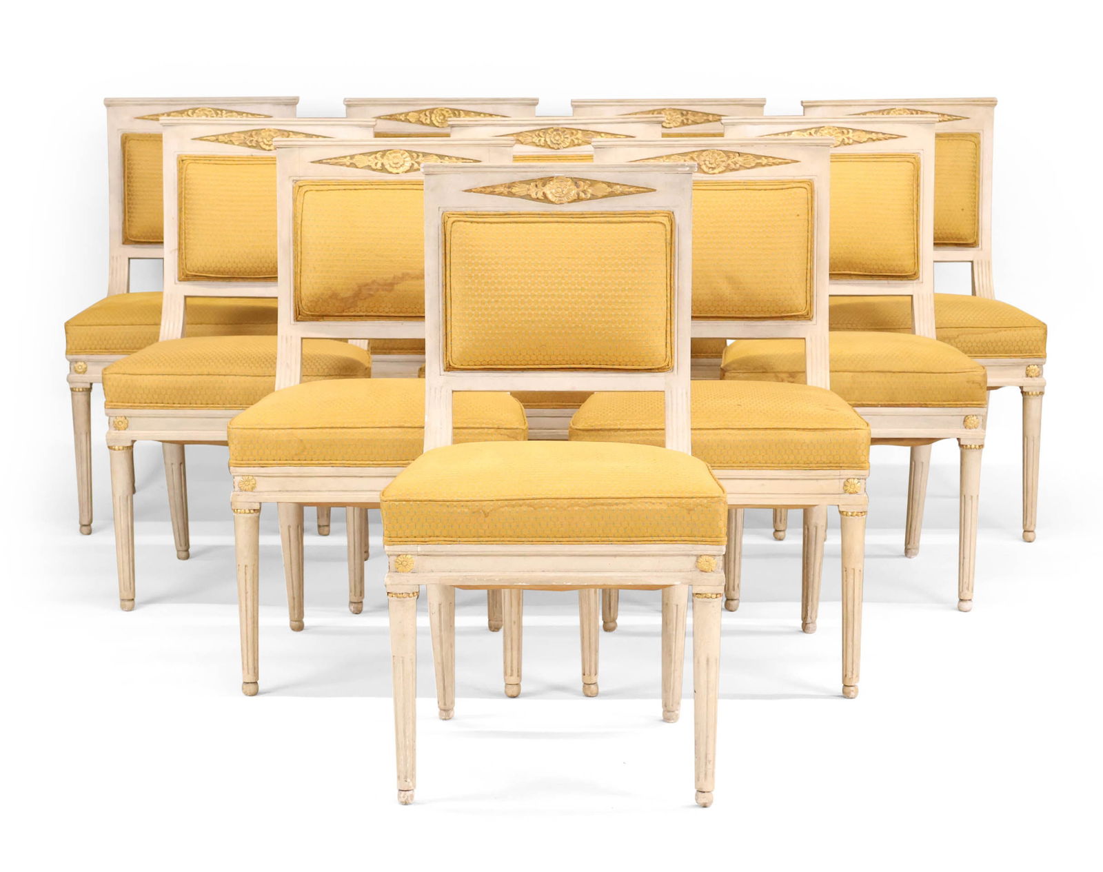 Ten Louis XVI Style White-and-Gold Painted Dining Chairs: Ten Louis XVI Style White-and-Gold Painted Dining Chairs 20th C. with yellow upholstery. Losses, surface distress, and wear. 35 x 19 1/2 x 19 1/2 in. (88.9 x 49.5 x 49.5 cm.)