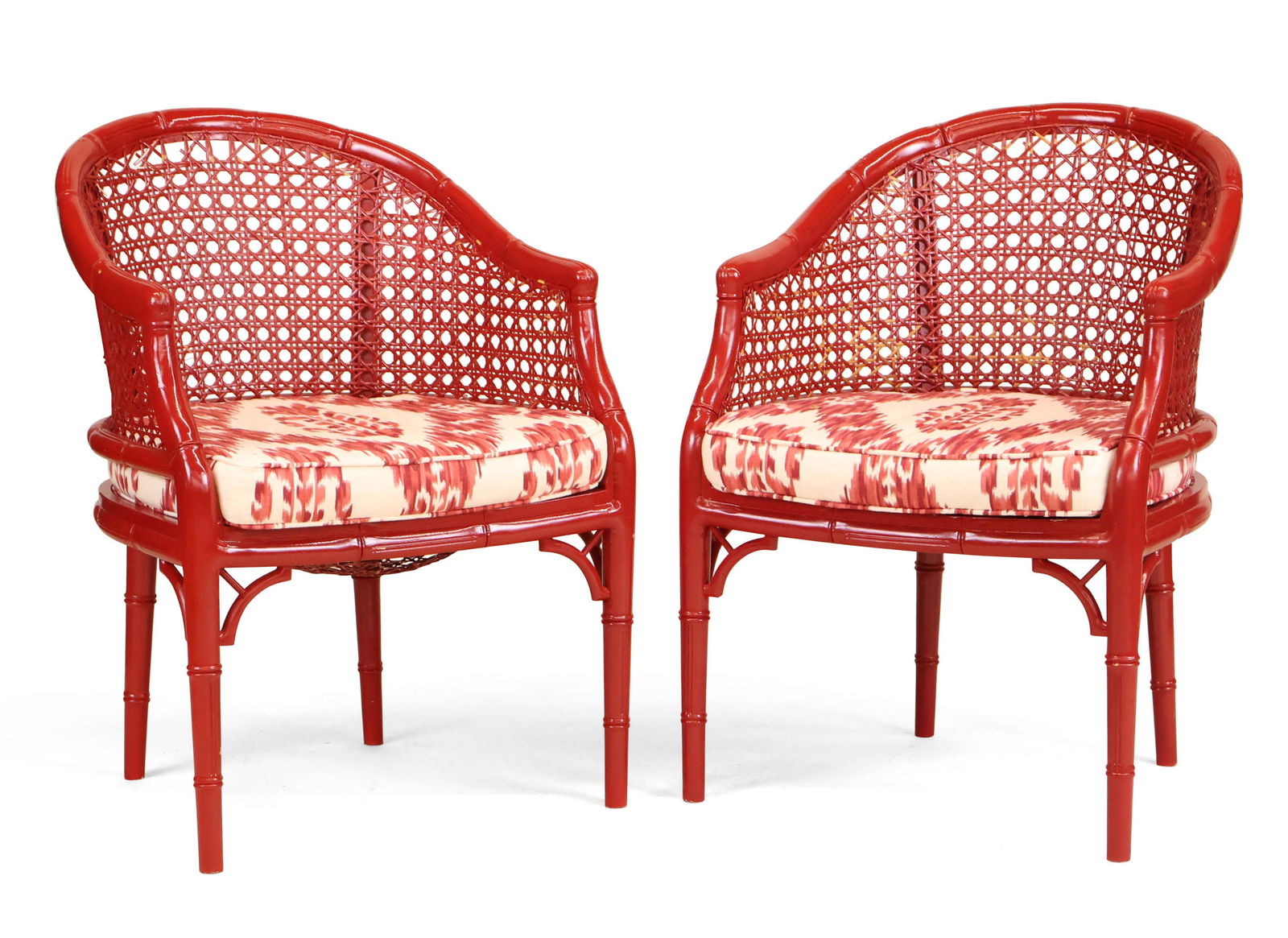 Pair of Regency Style Red Lacquer Caned Faux Bamboo Barrel Back Armchairs: Pair of Regency Style Red Lacquer Caned Faux Bamboo Barrel Back Armchairs English Taste, 20th C. Seat: 19"h, Crest: 33 1/2"h