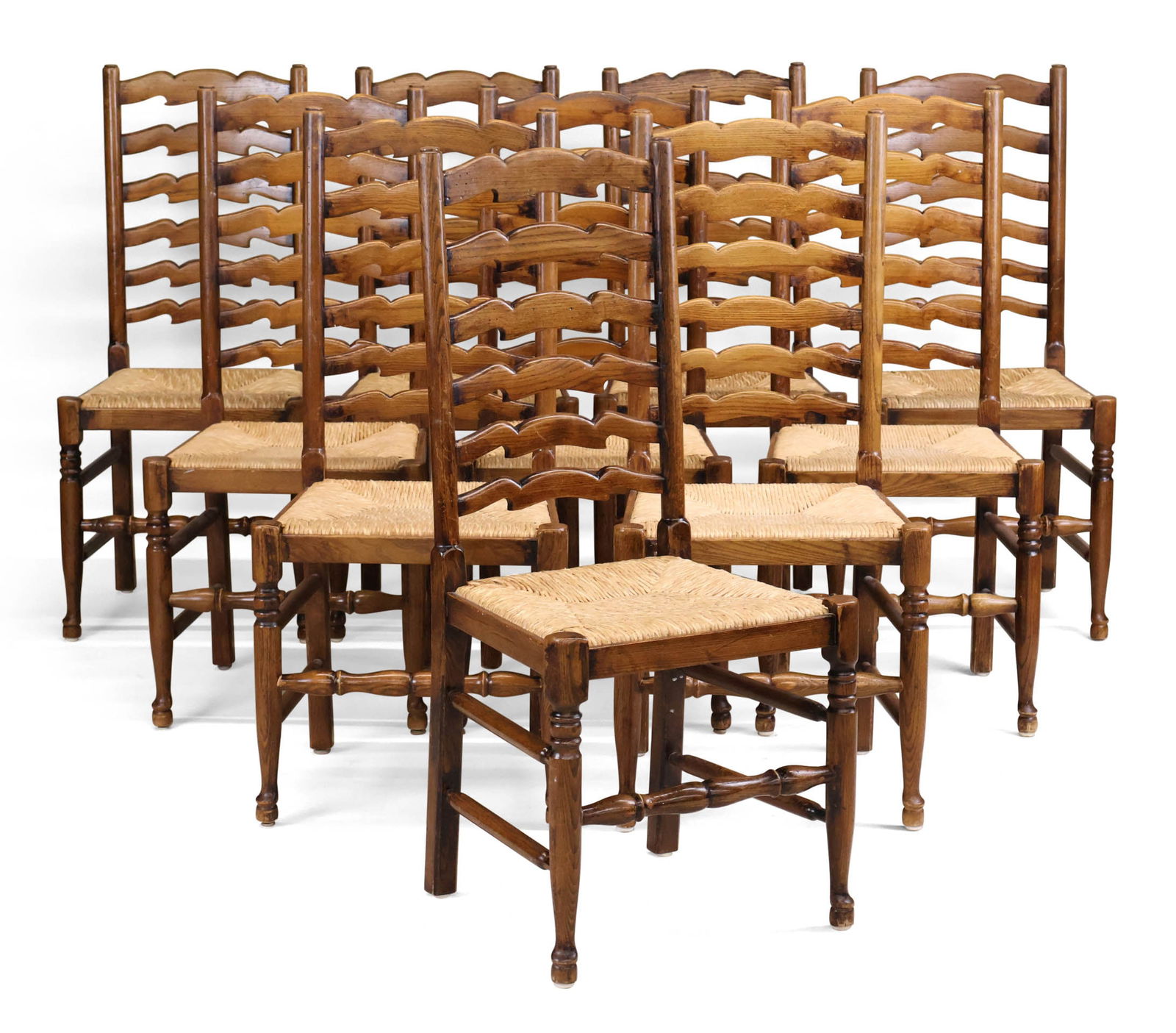 Ten Oak Ladderback and Rush Seat Dining Chairs (1 of 14)