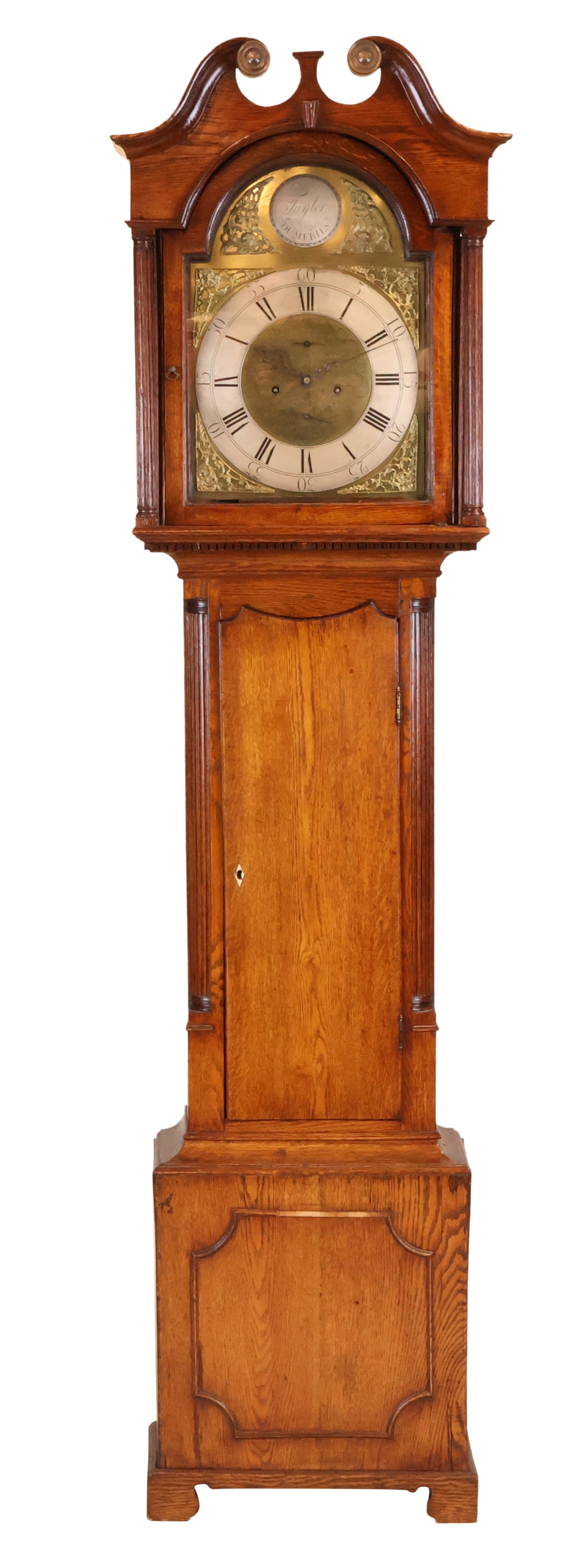 Georgian Oak Long Case Clock: Georgian Oak Long Case Clock The brass dial signed "Taylor Dumfries," (William Taylor), Scottish, 18th C.
