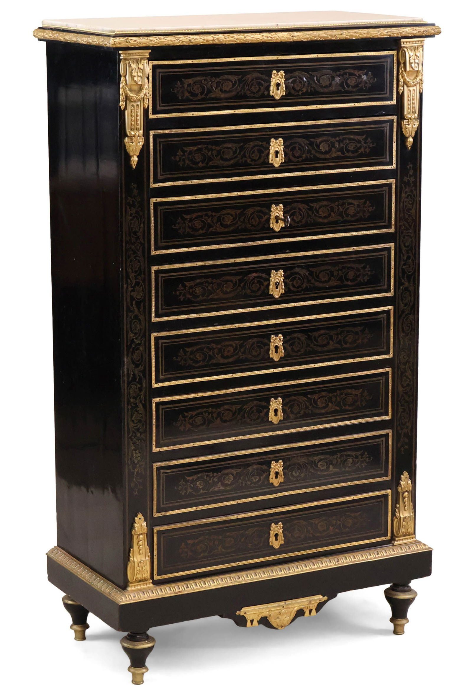 Louis XVI Style Boulue Type Brass-Inlaid Semainier: Louis XVI Style Boulue Type Brass-Inlaid Semainier French Taste, 20th C. 4'3"h x 29"w x 14"d