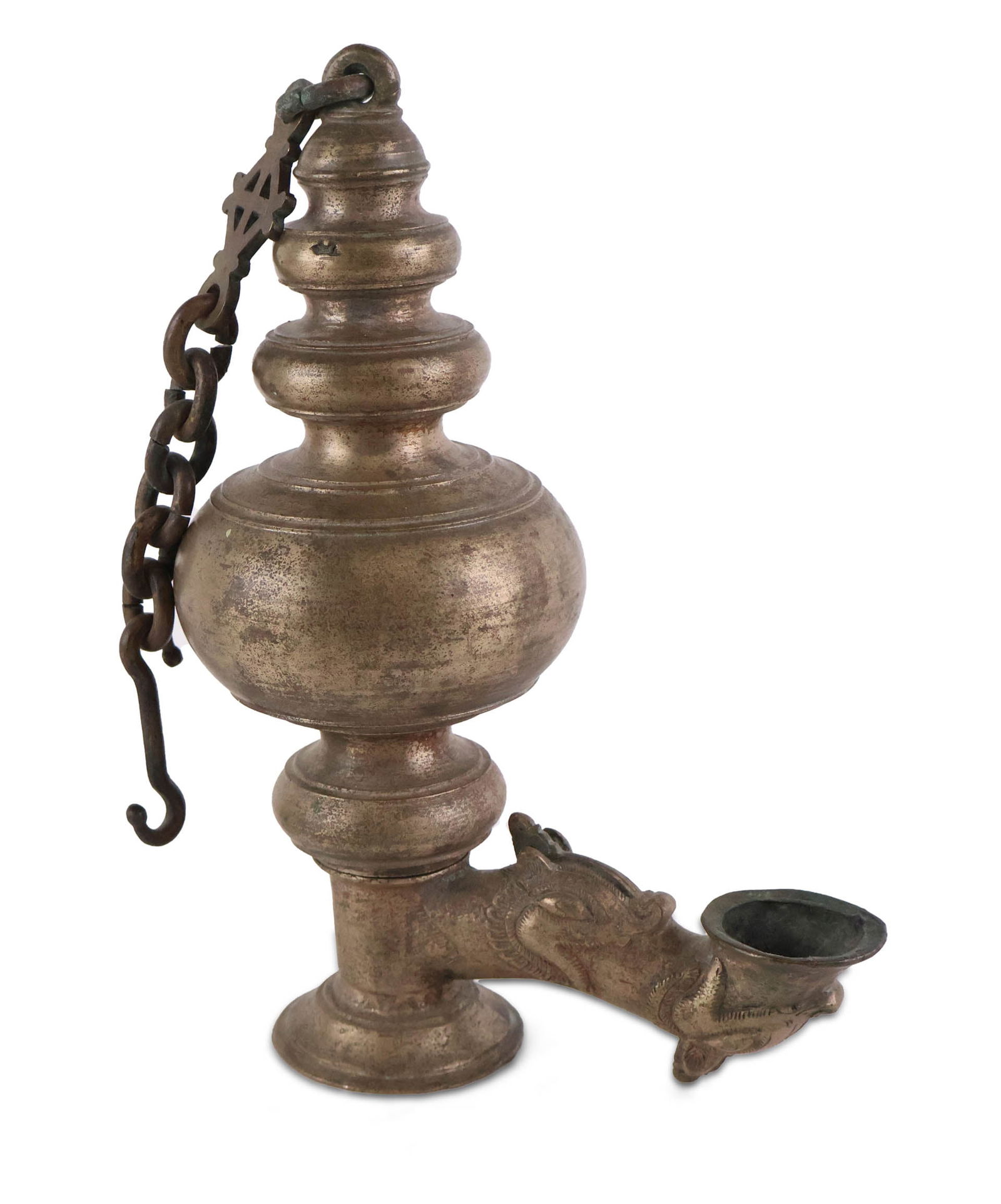 Indian Temple Bronze Oil Lamp: Indian Temple Bronze Oil LampDeccan or South India, 16th/17th C.Without Chain: 9 x 6 3/4 x 3 1/2 in. (22.9 x 17.1 x 8.9 cm.)