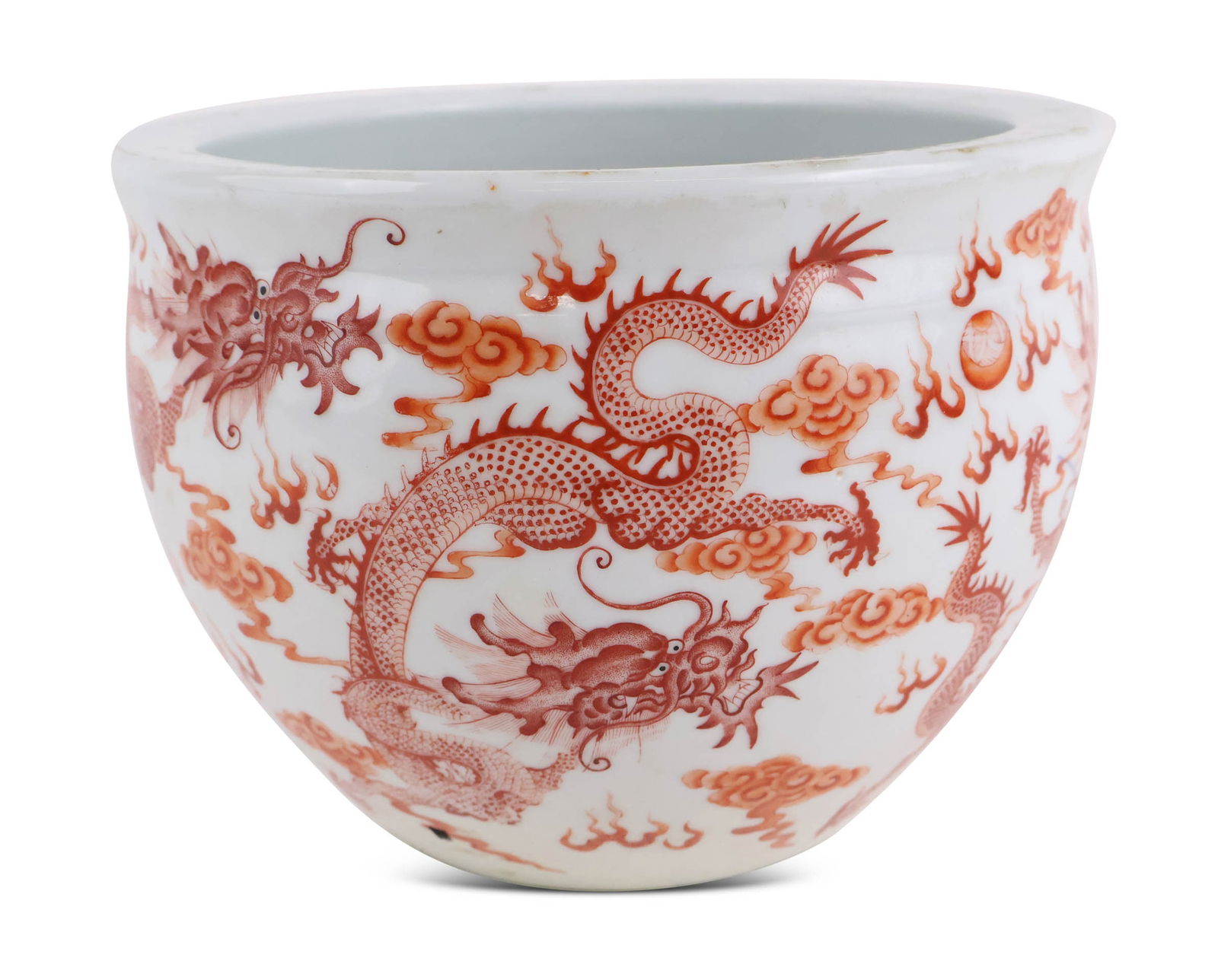 Large Chinese Iron Red and Porcelain Jar with Dragon Decoration: Large Chinese Iron Red and Porcelain Jar with Dragon Decoration 20th C. 10 1/2"dia.