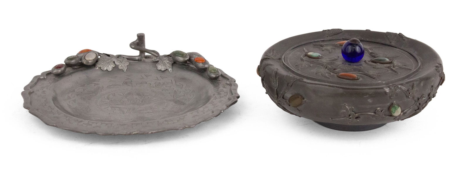 Two Chinese Jade/Gemstone Mounted Pewter Items: Two Chinese Jade/Gemstone Mounted Pewter Items Some wear. Largest: 8 1/2"dia.