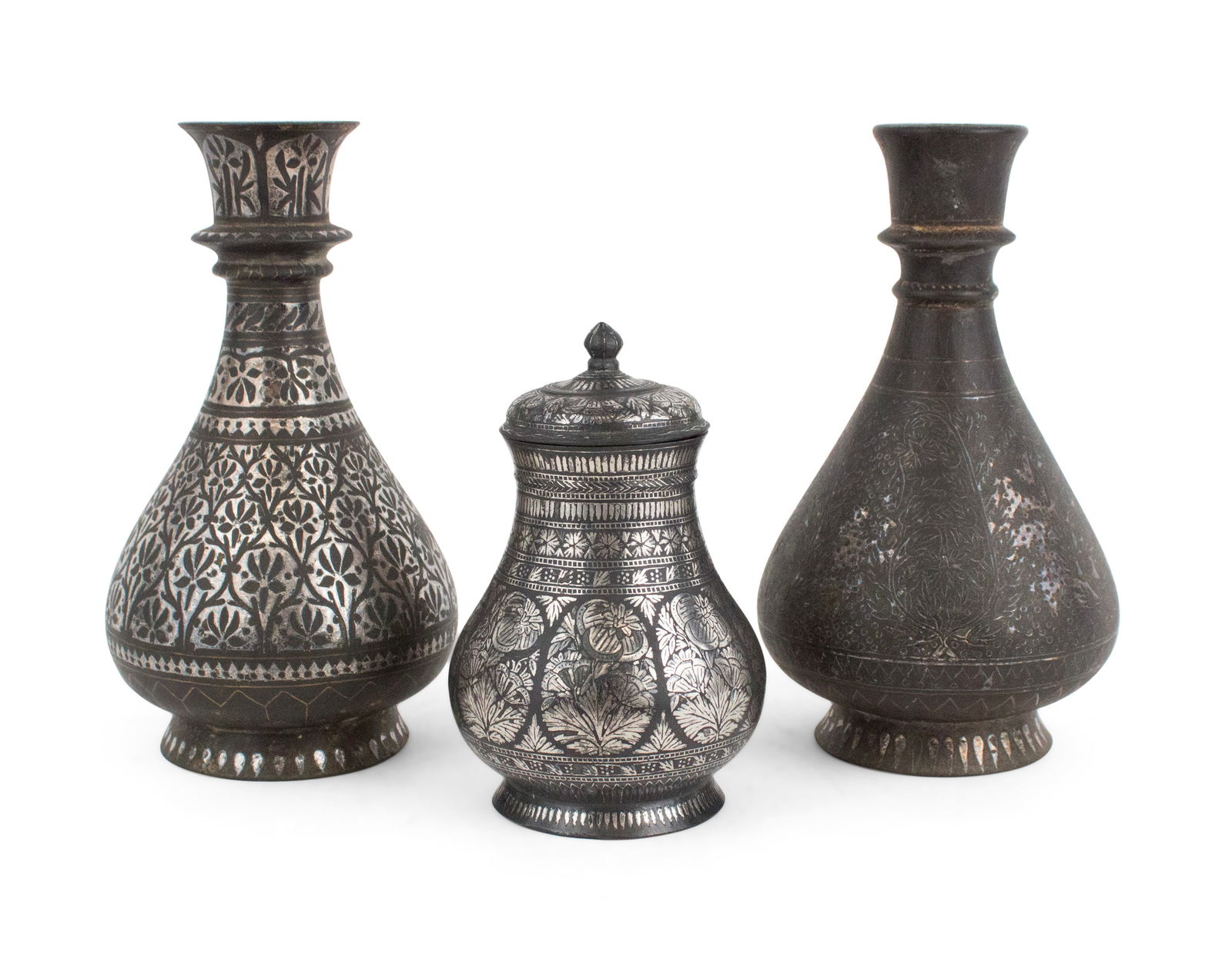 Three Bidriware Table Articles: Three Bidriware Table Articles Indian, comprising two vases and a covered jar. Largest: 8 x 4 1/2 in. (20.3 x 11.4 cm.)