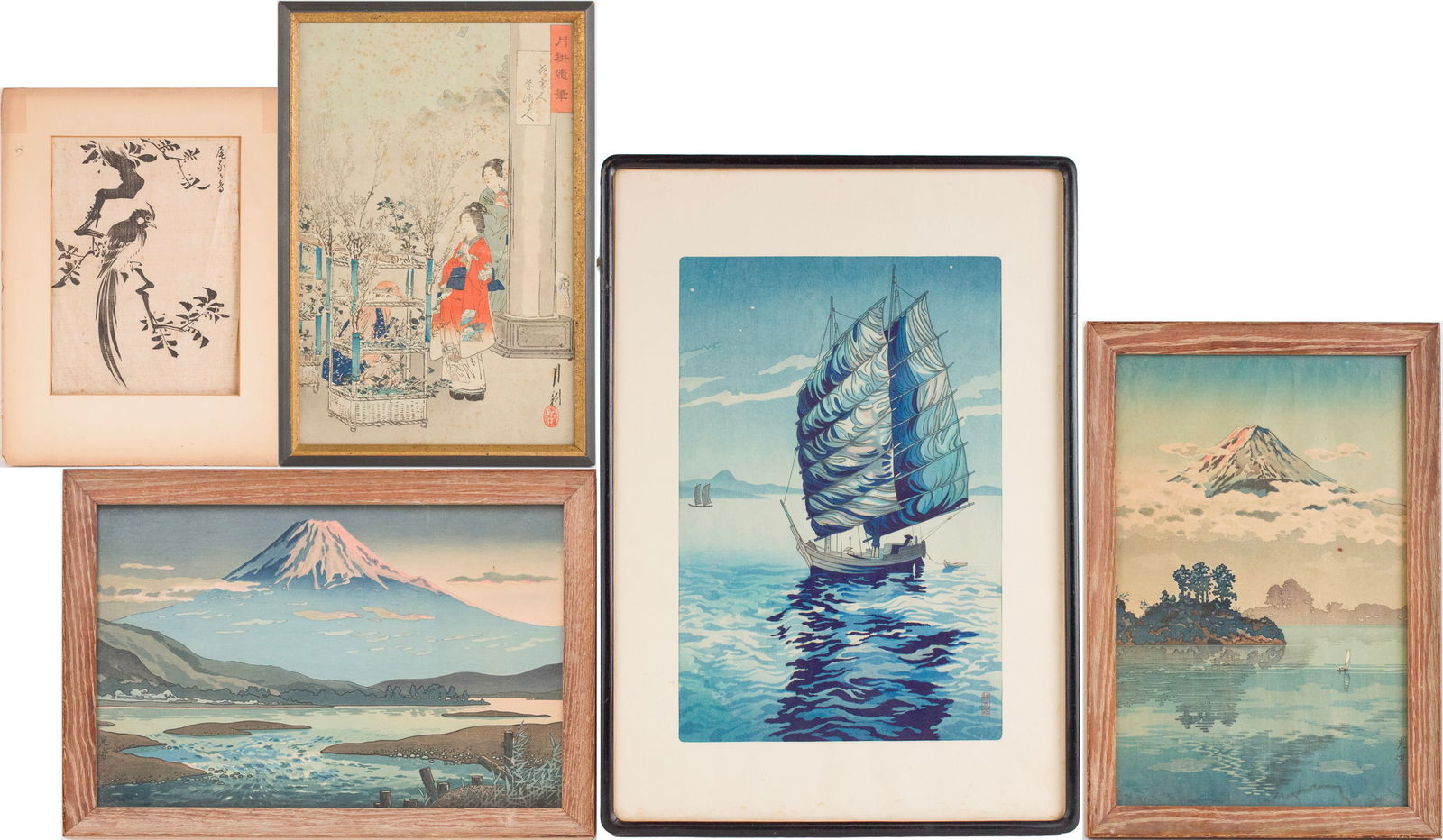 Tsuchiya Koitsu, Japanese 1870-1949, Tokaido Fujikawa and Koshu Lake Kawaguchi, Woodblock Prints: Tsuchiya Koitsu Japanese, 1870-1949 Tokaido Fujikawa and Koshu Lake Kawaguchi Woodblock Prints Together with a black woodblock print of a bird, a woodblock print by Ogata Gekko, titled "Flower Seller