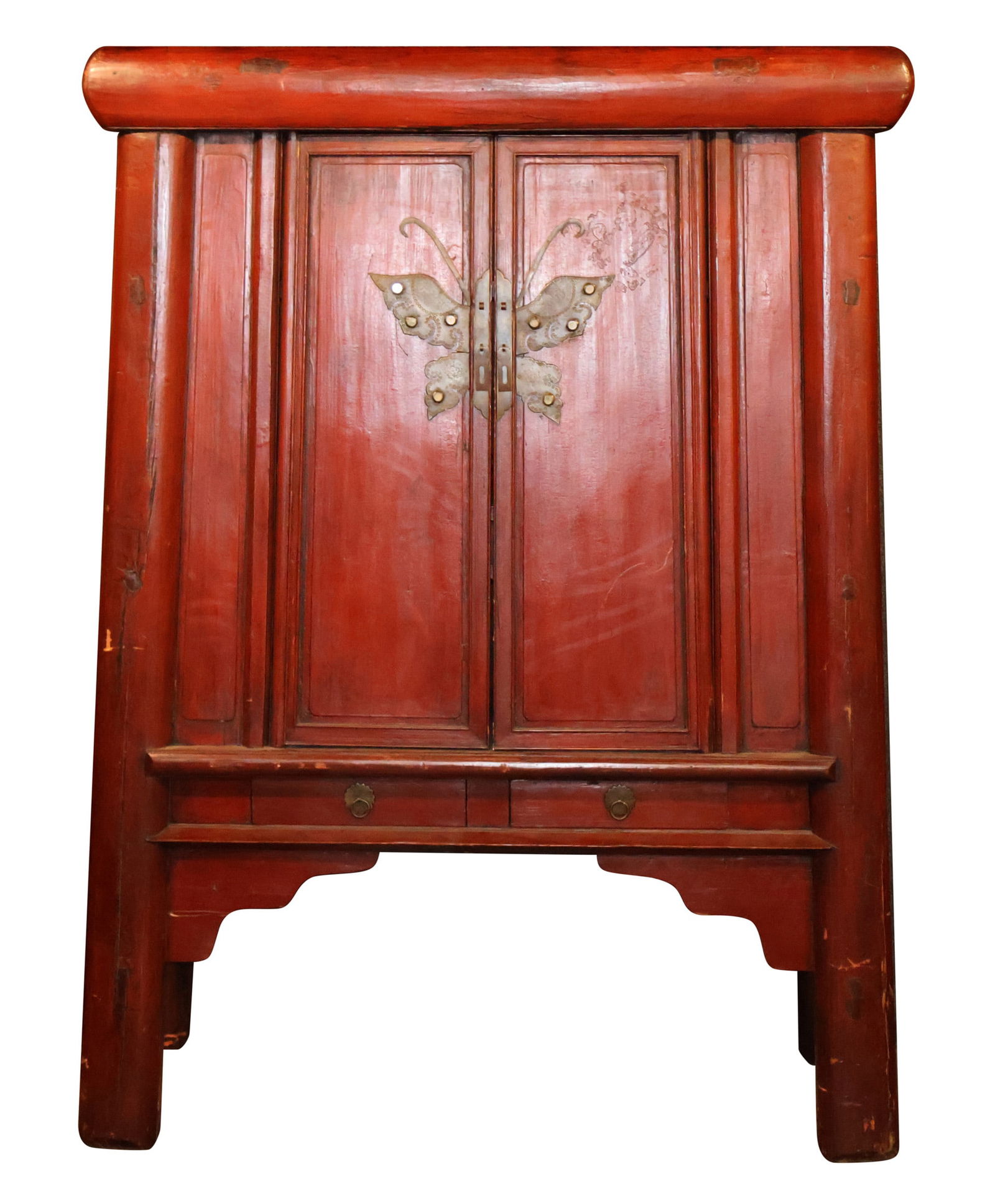 Chinese Red Stained Hardwood Wedding Cabinet: Chinese Red Stained Hardwood Wedding Cabinet 20th C. 69 1/2 x 51 x 24 in. (176.5 x 129.5 x 61 cm.)