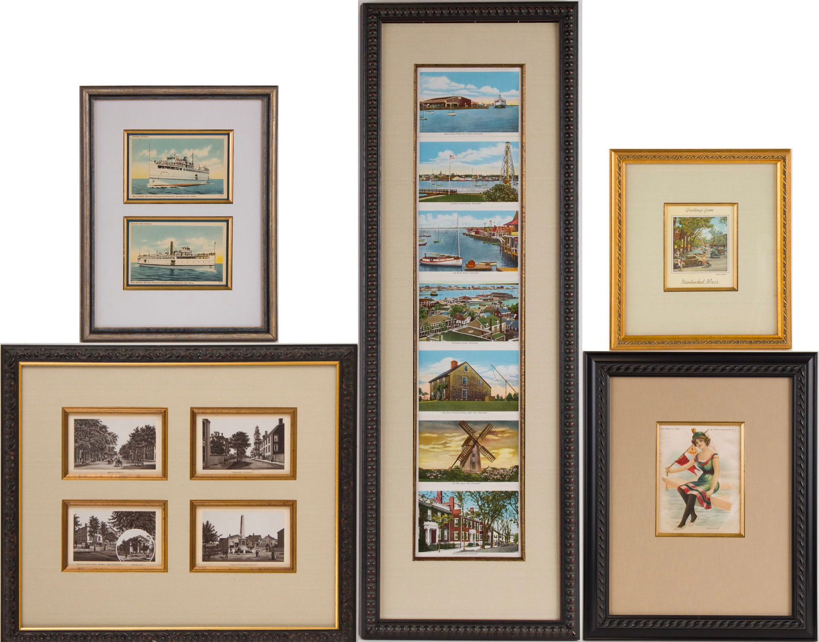 Group of Nantucket-Themed Framed Images: Group of Nantucket-Themed Framed Images Including vintage post cards, early 20th C. and a woven silk cigarette pack token, circa 1910. From 11 1/2 x 10 1/2 in. (29.2 x 26.7 cm.), to 33 x 11 in. (83.8