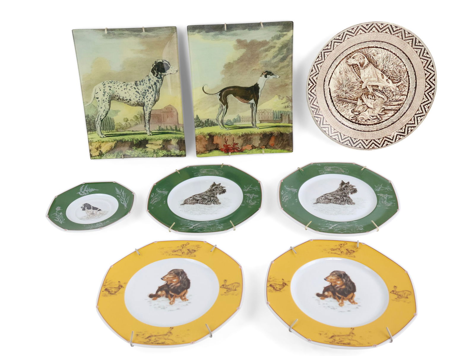 Pair of John Derian Dog-Decorated Serving Plates: Pair of John Derian Dog-Decorated Serving Plates 20th C. Together with six dog-themed transfer decorated plates, 19th/20th c. From 6 1/4 in. (15.9 cm.), to 10 1/2 in. (26.7 cm.), Derian plates: 10