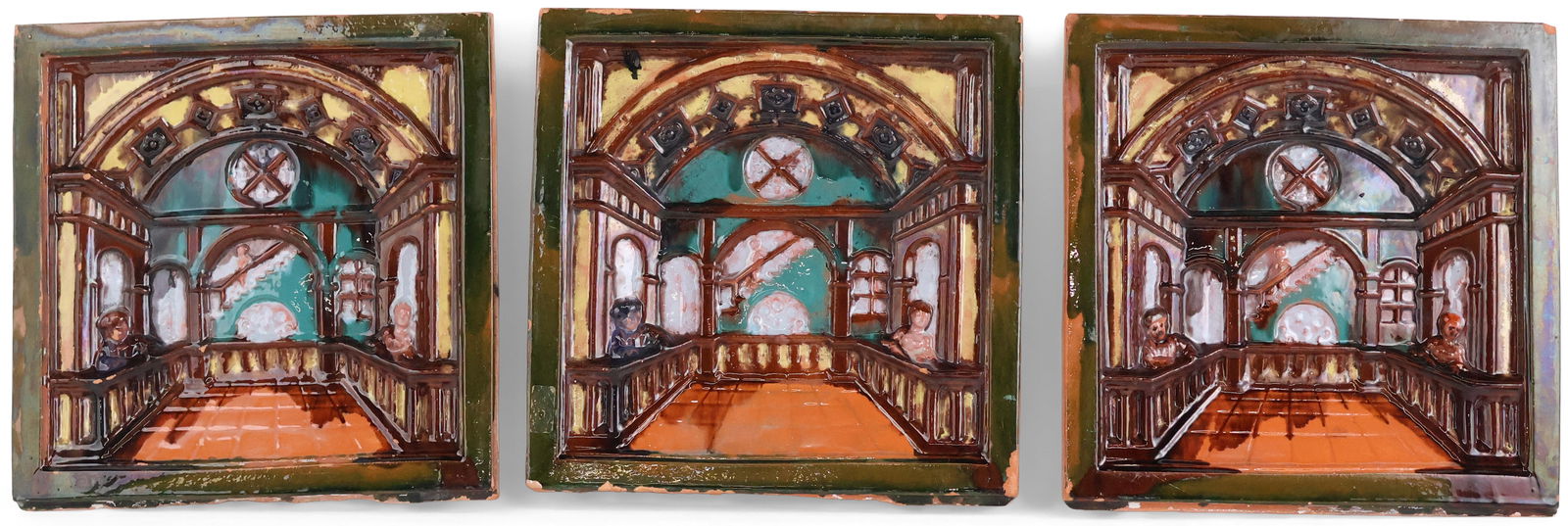 Three Majolica Tiles of an Interior: Three Majolica Tiles of an Interior Varying colors and glazes. Chips, wear, surface distress. 10 1/2 x 10 1/2 x 2 1/2 in. (26.7 x 26.7 x 6.4 cm.)