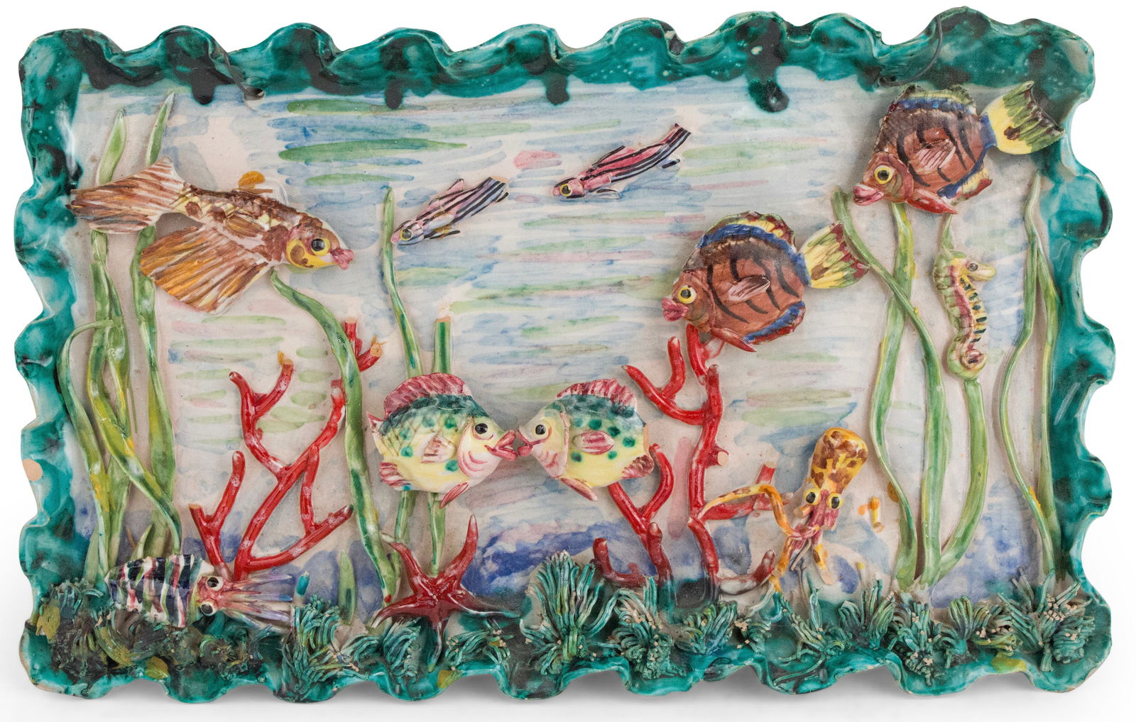 Majolica Plaque of Fish in an Aquarium: Majolica Plaque of Fish in an Aquarium Inscribed verso, "CER PERCONTEC SCIACCA". Chips, wear. 9 1/4 x 14 3/4 in. (23.5 x 37.5 cm.)