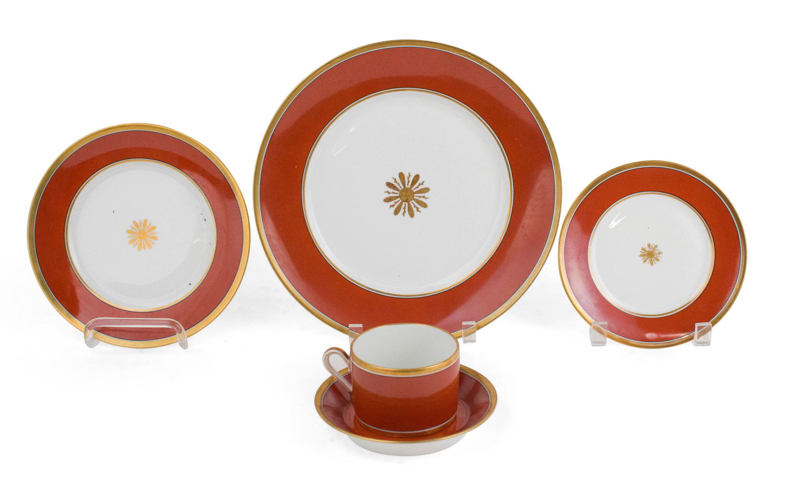 Richard Ginori Visconte Red Dinnerware: Richard Ginori Visconte Red DinnerwareComprising, 8 dinner plates, 9 salad plates, 8 bread plates, 8 teacups and saucers.