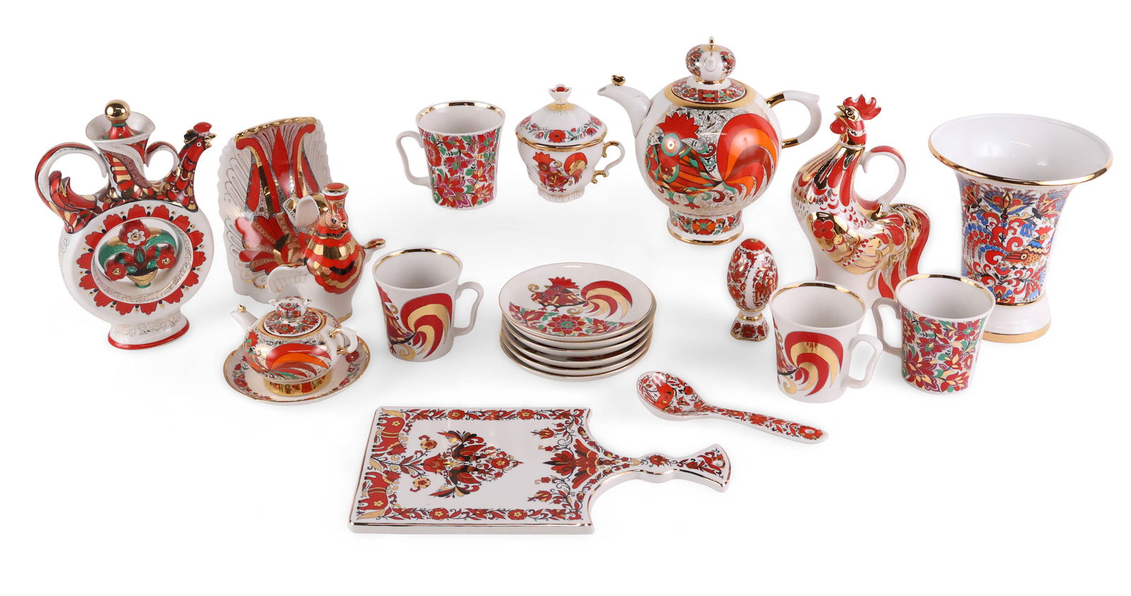 Lomonosov Imperial Russian Tea Service: Lomonosov Imperial Russian Tea Service Some in red rooster pattern, comprising, two bird form decanters, a rooster form teapot, six mugs, six saucers, a cheese tray, a spoon, a sugar bowl, a creamer