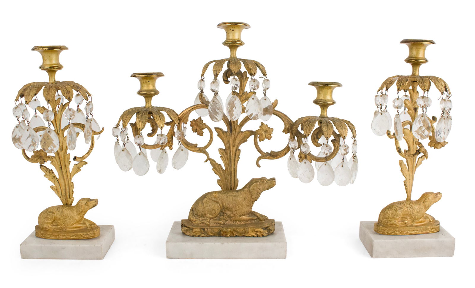 Classical Gilt Bronze Three Piece Canine-Decorated Girandole Set: Classical Gilt Bronze Three Piece Canine-Decorated Girandole Set American, c. 1830 From 12 x 5 x 5 in. (30.5 x 12.7 x 12.7 cm.), To 14 x 15 x 5 in. (35.6 x 38.1 x 12.7 cm.)