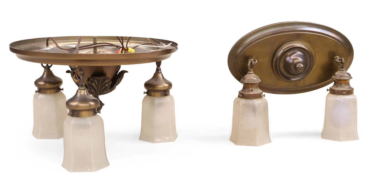 Two Similar Contemporary Pendant Ceiling Fixtures: Two Similar Contemporary Pendant Ceiling Fixtures 20th C. From 11 x 8 x 14 in. (27.9 x 20.3 x 35.6 cm.), to 10 1/2 x 16 1/2 in. (26.7 x 41.9 cm.)