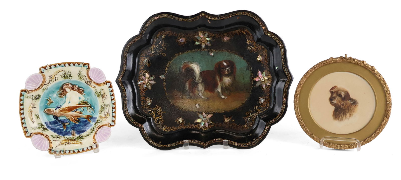 Victorian Papier Mache Spaniel-Decorated Serving Tray: Victorian Papier Mache Spaniel-Decorated Serving Tray English, late 19th c. Together with a watercolor of a terrier, signed L.R. Walter Gardiner and labeled verso, also with a majolica plate of